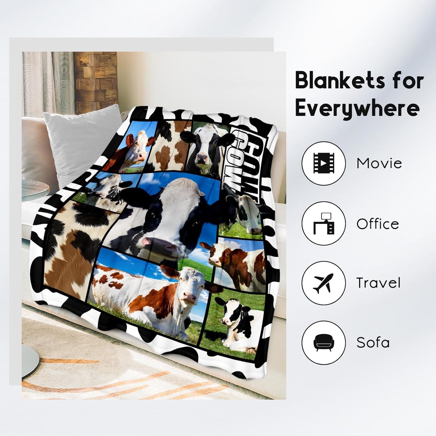 Cow Blankets and Throws, Cow Gifts for Women Girls Adults, Soft Fluffy Fuzzy Farmhouse Blanket Country Home Decor, 60"x80" Animal Pattern Throw for Bed Living Room