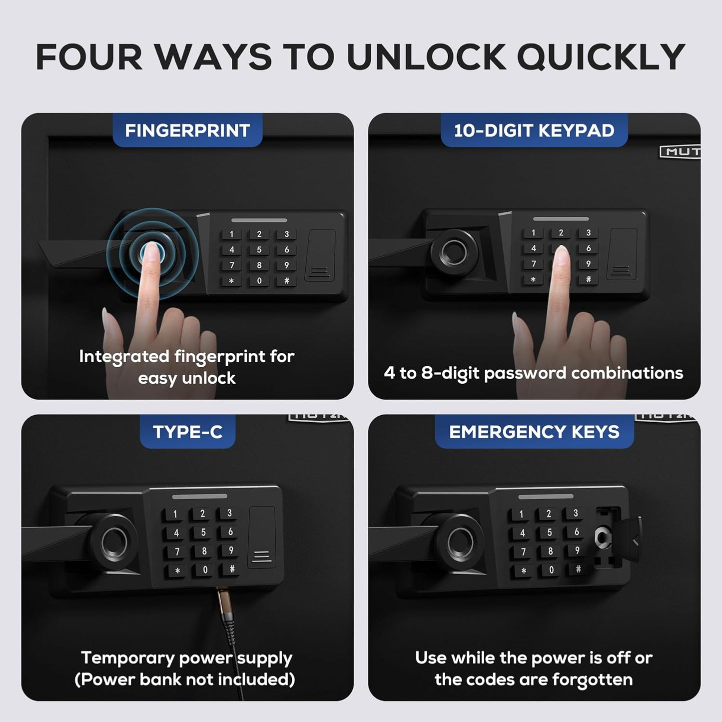 1.0 Cub Biometric Safe Box with Fireproof Bag, Quick-Access Fingerprint Safe with Keys, Digital Keyboard, Type-C Port, Dual Alarm System Safety Box for Home, Office, Hotel Use(Black)