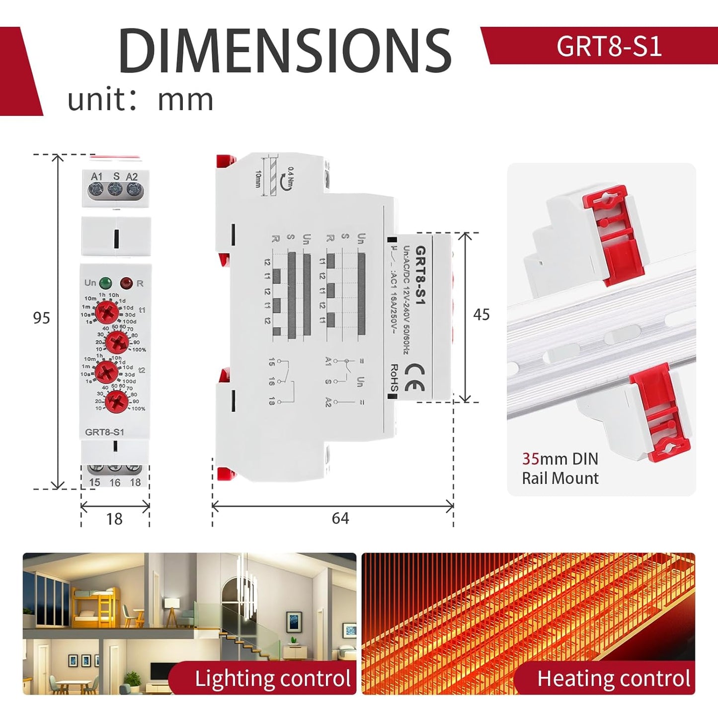 Asymmetric Cycle Timer Relay 1SPDT AC 12V 240V 16A Long or Short Period Repeat Cycle Tntermittent Timer Electronic Relay in Din Rail (GRT8-S1 AC DC 12-240V)
