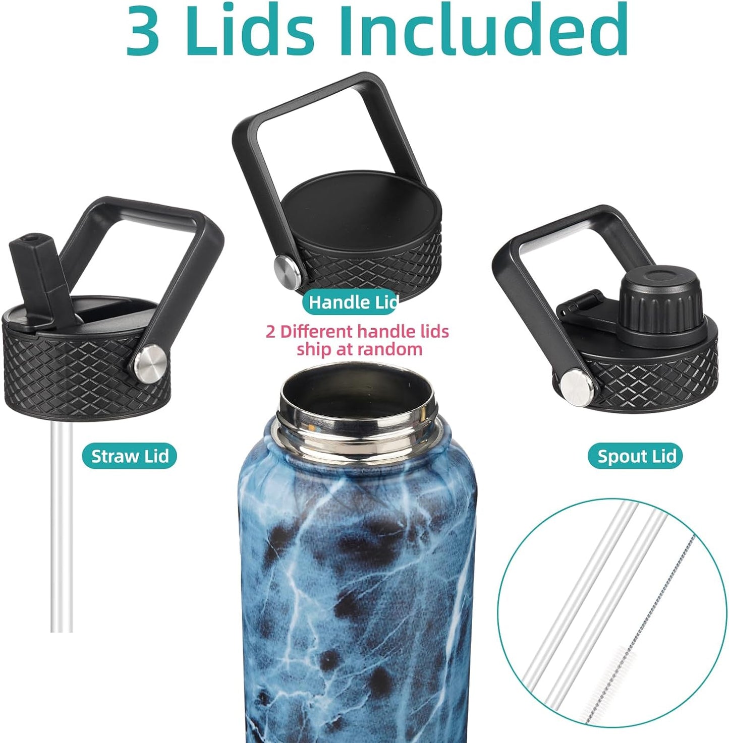 40oz Insulated Water Bottle Stainless Steel Sport Bottles with 3 Lids,Marble Ocean