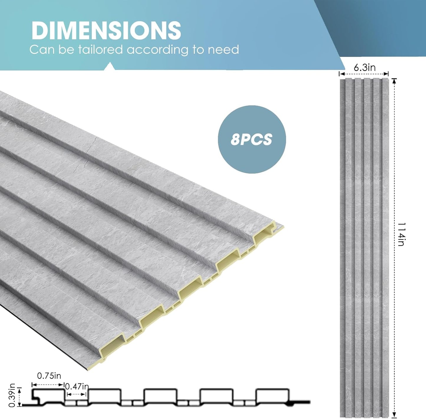 OUZUGIE WPC Acoustic Slat Wall Paneling, 8-Pack 114 x 6 Inches 3D Wall Panels for Interior Wall Decor,Living Room,TV Background,Study Room,Office Spaces,Bedroom,Low Grille (Gray Marble)