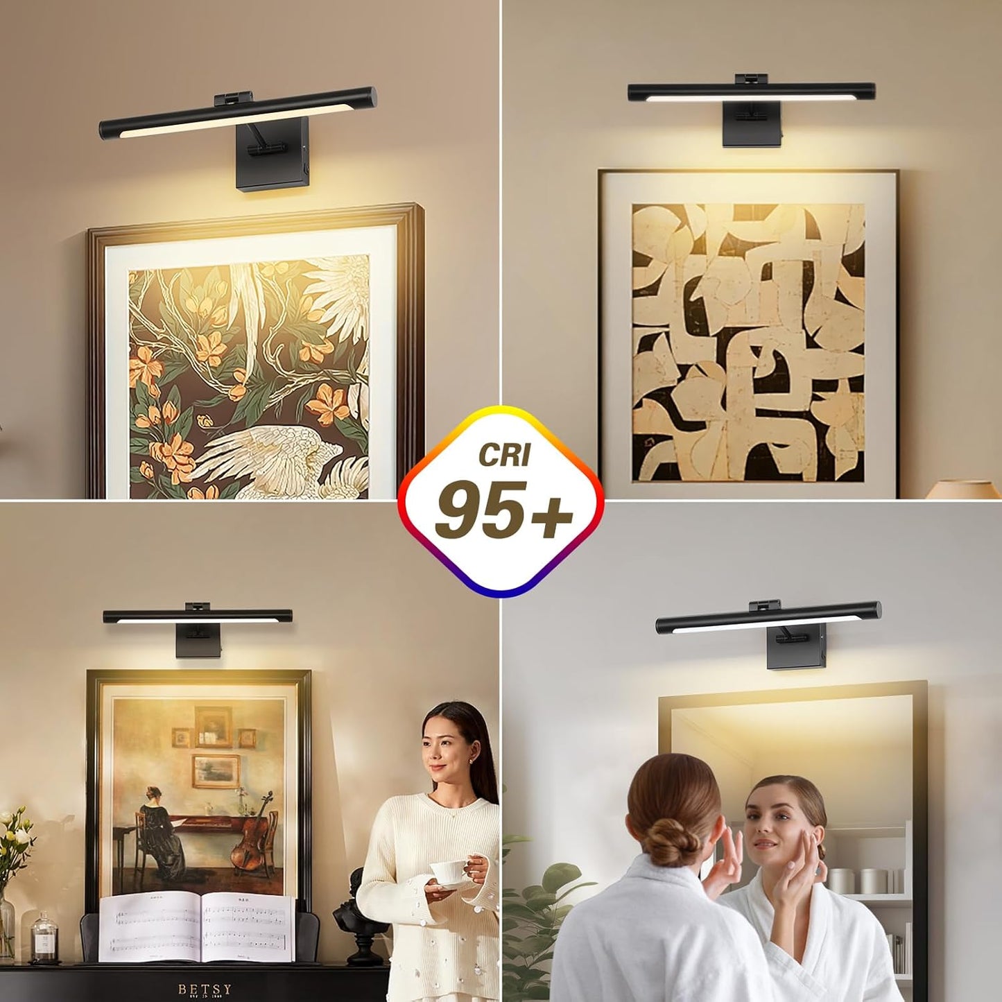 Joosenhouse Battery Operated Picture Light Rechargeable Art Light Wireless Gallery Light with Remote Control and Timed Dimmable with Single Swing Arm 16.54 Inch Warm White Black