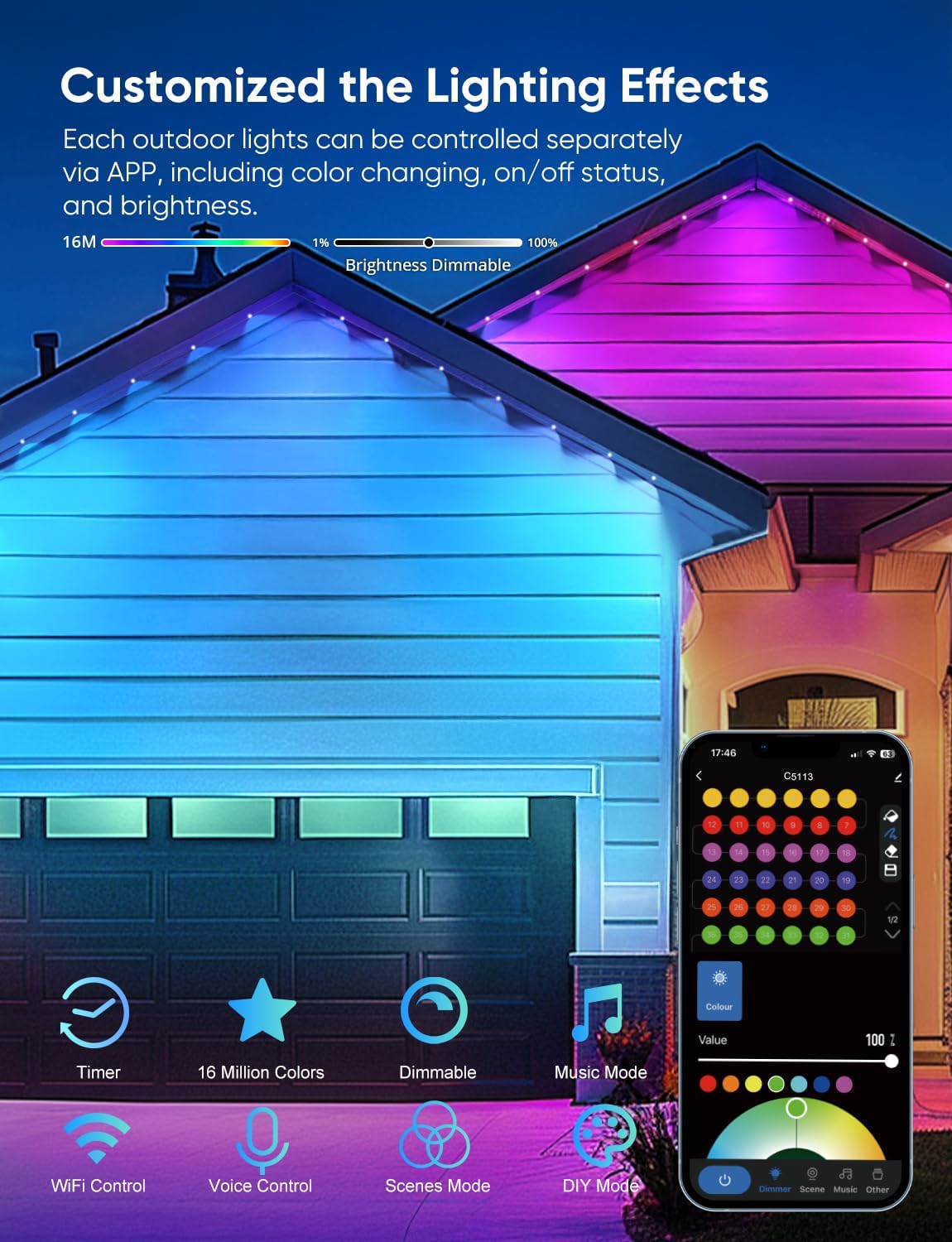Permanent Outdoor Lights 150ft,RGBW Eaves Light with 108 LED Lights,111+ Scenes Modes Outdoor Lighting, Waterproof Permanent Light for Daily Holiday Halloween Decorations, Compatible with Alexa,Black