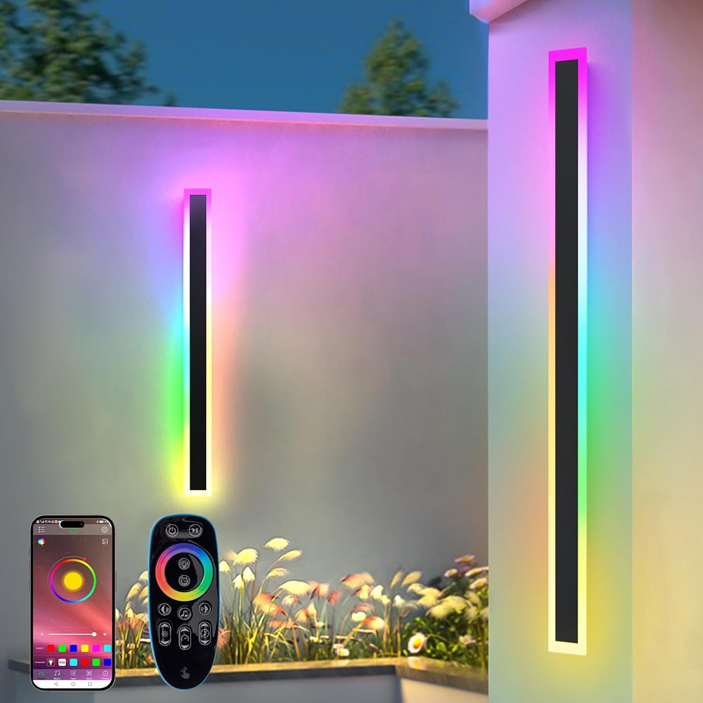 2 Pack Outdoor RGB Long Wall Lights, 57 inch Wall Lights RGB/Warm/White Dimmable Modern Led Wall Lighting, Ip65 Waterproof Wall Sconce with Remote APP Control for Outdoor/Indoor Party Gathering