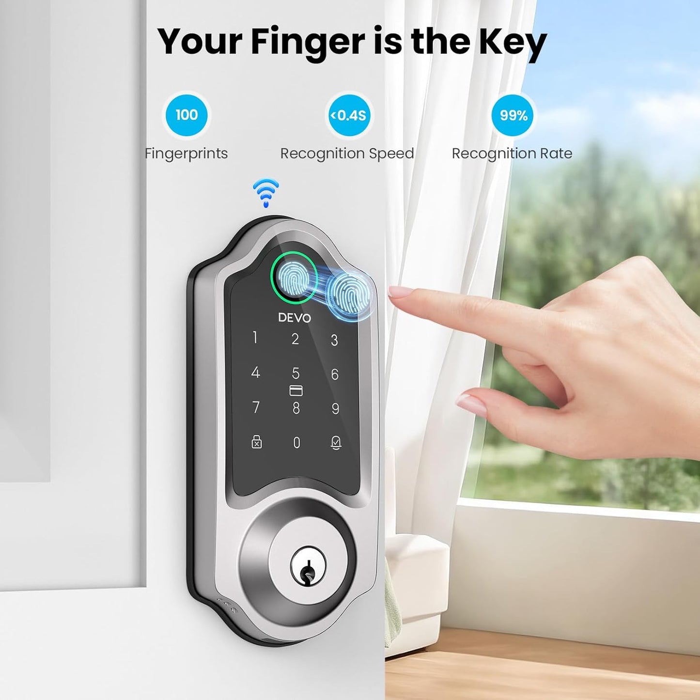 DEVO G8 Smart Lock with Doorbell - 6-in-1 Fingerprint Keyless Entry Deadbolt, Built-in Wi-Fi & APP Control, IP54 Waterproof Auto-Lock for Front Door Security, Easy Install (BHMA Certified)