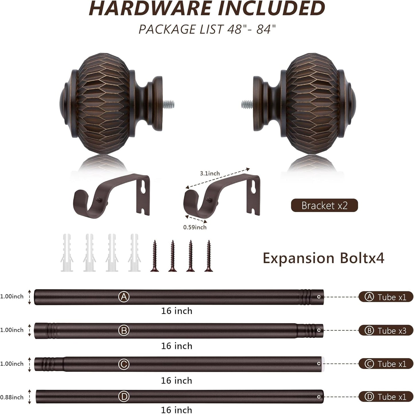 Bronze Curtain Rods for Windows 48 to 84 Inches, 1 Inch Adjustable Heavy Duty, Lantern Ball Finials, Window Treatment Single Rod Set
