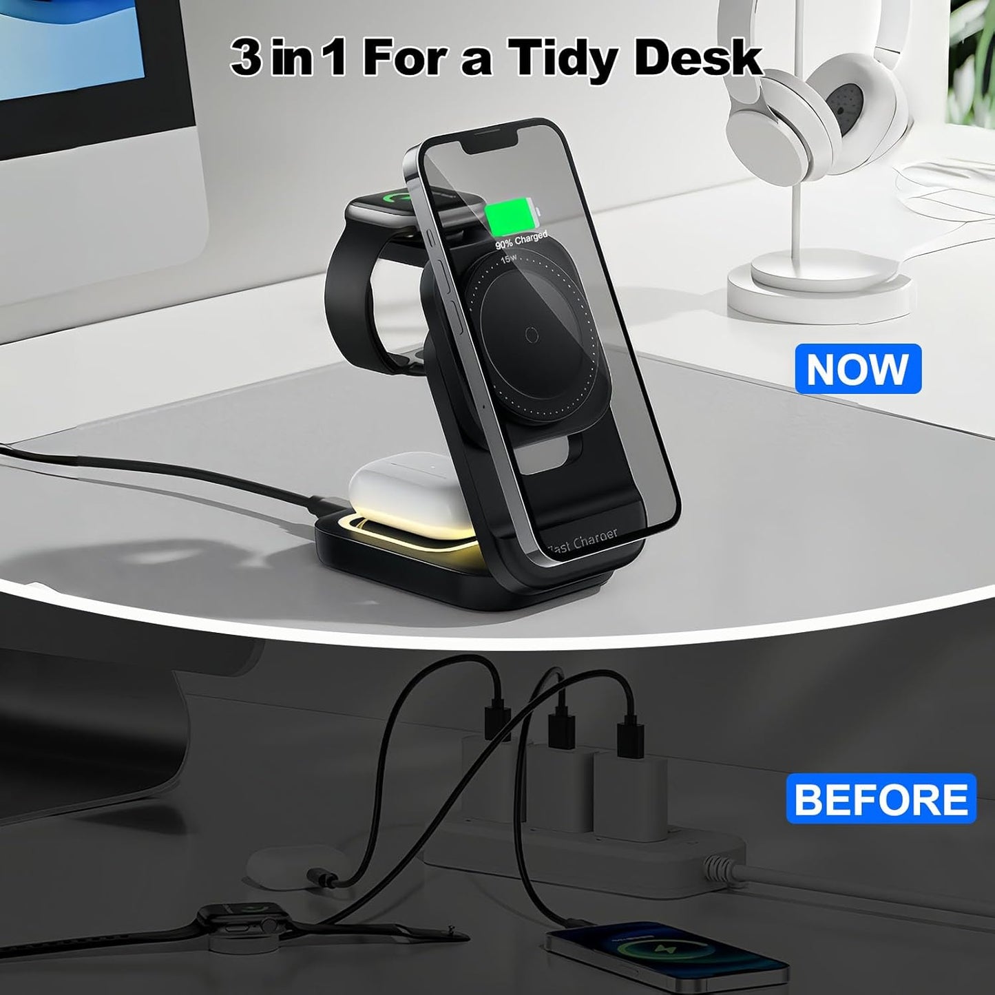 3 in 1 Charging Station for iPhone - Wireless Charger for Apple Products Multiple Devices - Charging Dock Stand for AirPods (for iPhone 17 16e 16 15 14 13 pro 12 11 X Max)