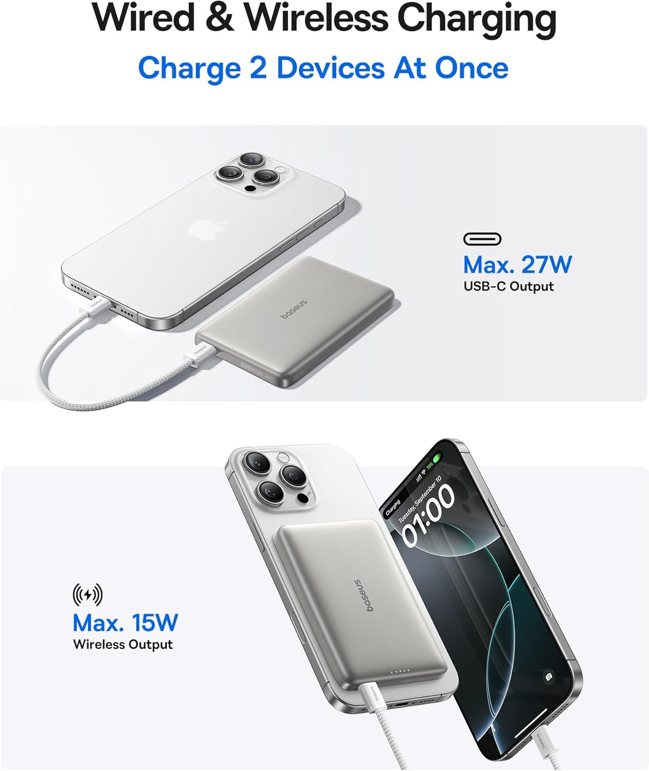 Baseus Picogo Magsafe Portable Charger, Qi2 Certified 0.5" Ultra Slim 15W Wireless Power Bank, 10000mAh 27W Fast Charging Magnetic Battery Pack with USB-C for iPhone 17/16/15/14/13/12 Series Only