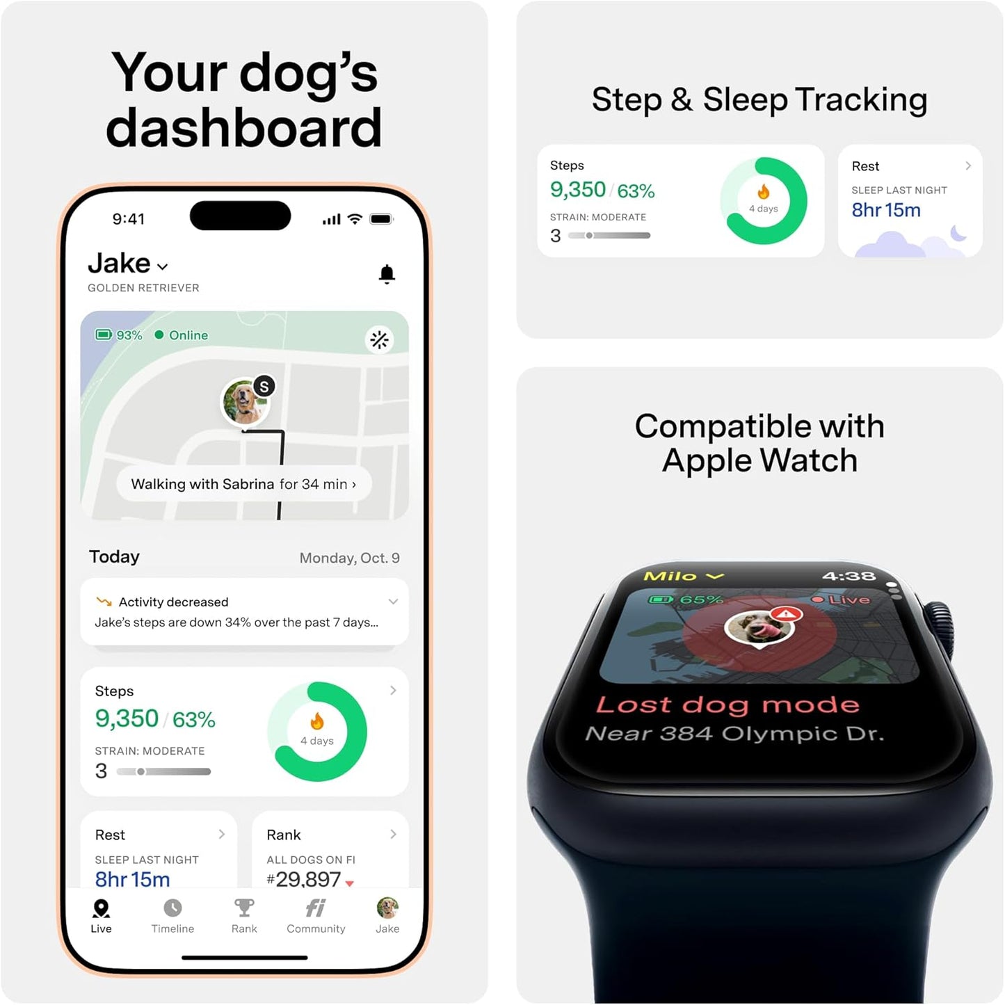 New Fi Series 3+ Smart Dog Tracker Collar [12 Month Membership Included] GPS Tracker for Dogs with Health & Behavior Monitoring, Escape Alerts, Waterproof, LED, Apple Watch Compatible (Yellow, Small)