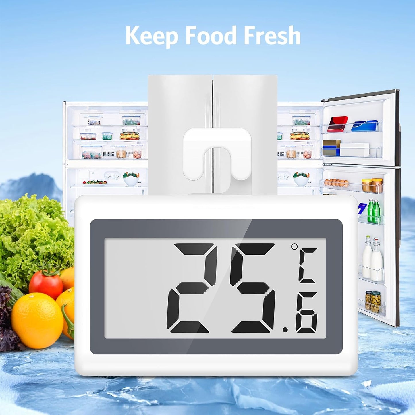 JXTZ Fridge Freezer Thermometer, 2 Pack Digital Refrigerator Thermometer, LCD Display Fridge Temperature Thermometer with Low Temperature Reminder, 3 Mounting Methods, °C/°F Switch, for Home Office