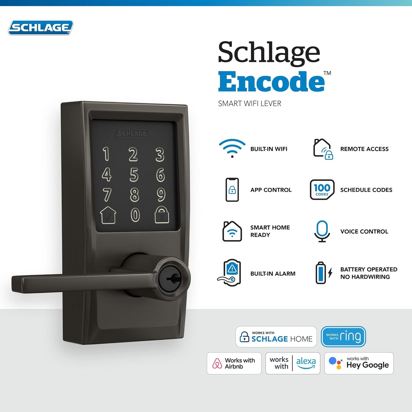 Schlage FE789WBCEN530LAT Encode Century WiFi Latitude Lever Smart Keyless Entry Touchscreen Door Lock, Black Stainless