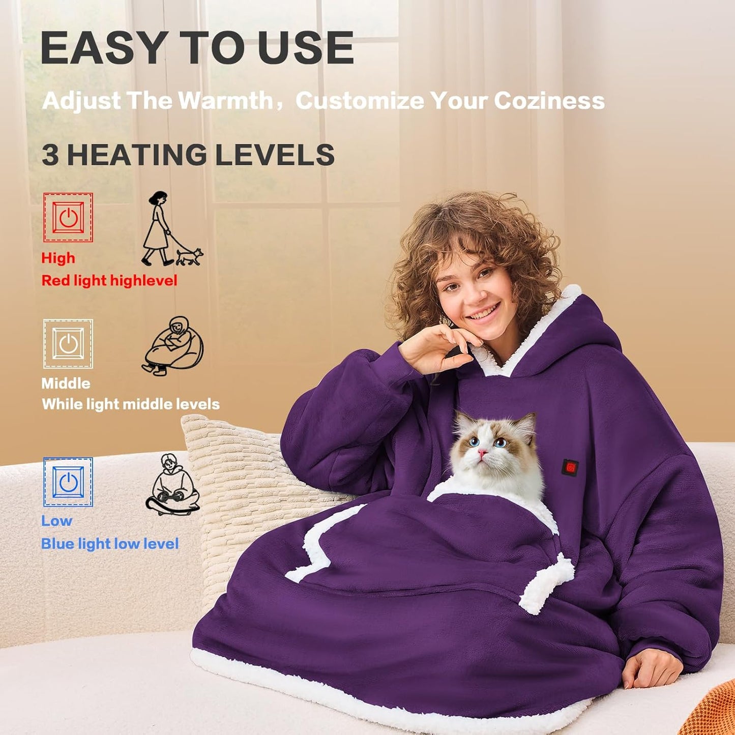 JOYWOO Purple Wearable Heated Blanket Hoodie,Oversized Cordless Portable Heating Hooded Blanket Cat Lovers,Christmas Gifts for Women,Mom,Grandma,Electric Blankets Throw for Adult Outdoor,Dark Purple