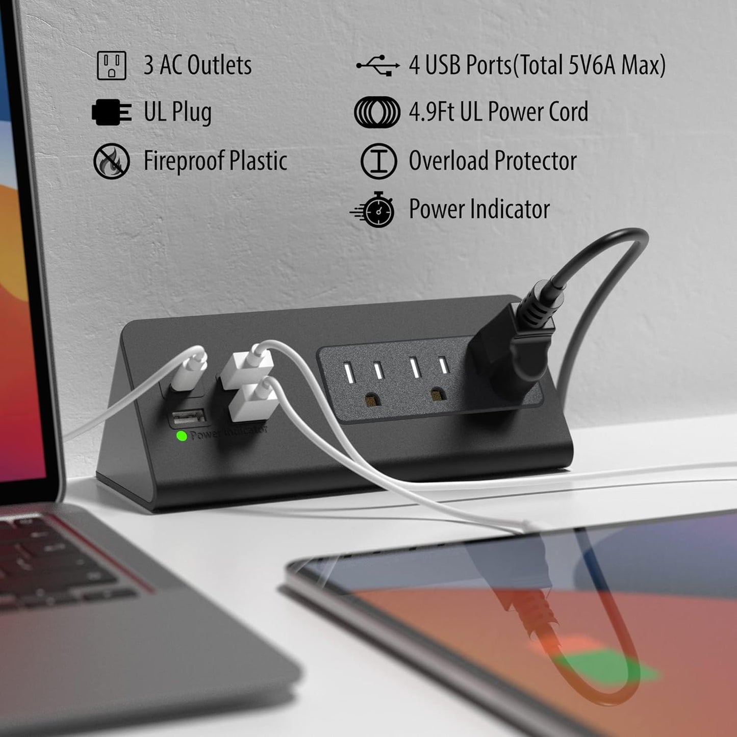 Power Charge Station Edge clamp Mount with USB-C Ports，Tabletop Surge Protector, Desk Clamp Power Sockets with 3 AC Outlets and 4 Fast Charging USB Ports for Home Office Hotel and Dormitory (Black)