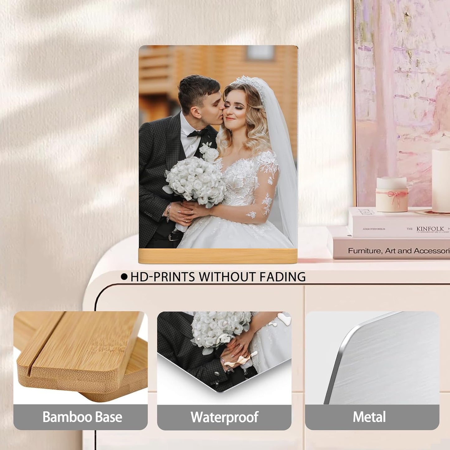 Custom Photo Prints - Metal Desktop Picture Frame with Photos & Wooden Base Personalized Gifts for Family Friends Lovers and Pets, Optional Multiple Sizes