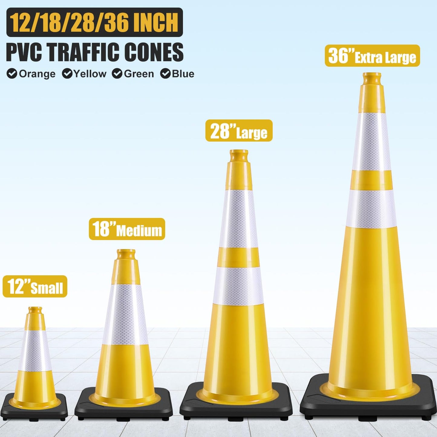 6 Pack 12" Inch Yellow PVC Traffic Cones with Heavy-Duty Base, High-Visibility All-Weather Safety Cones for Road Construction, Parking Lot, and Garage Use (6, Yellow, 12" Small)