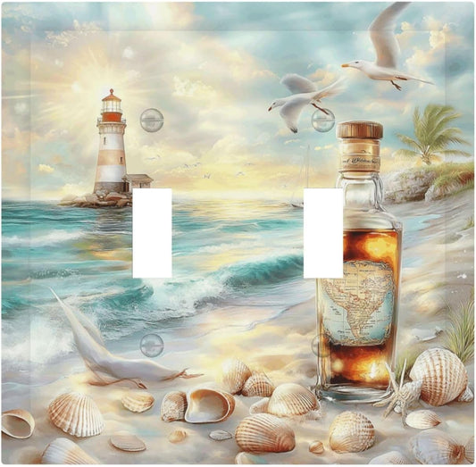 Decorative Switch Plates Beach Ocean Lighthouse Seashells 2 Gang Double Toggle Outlet Light Switch Cover Wall Plate Electrical Faceplate For Bed Room Living Room Decor