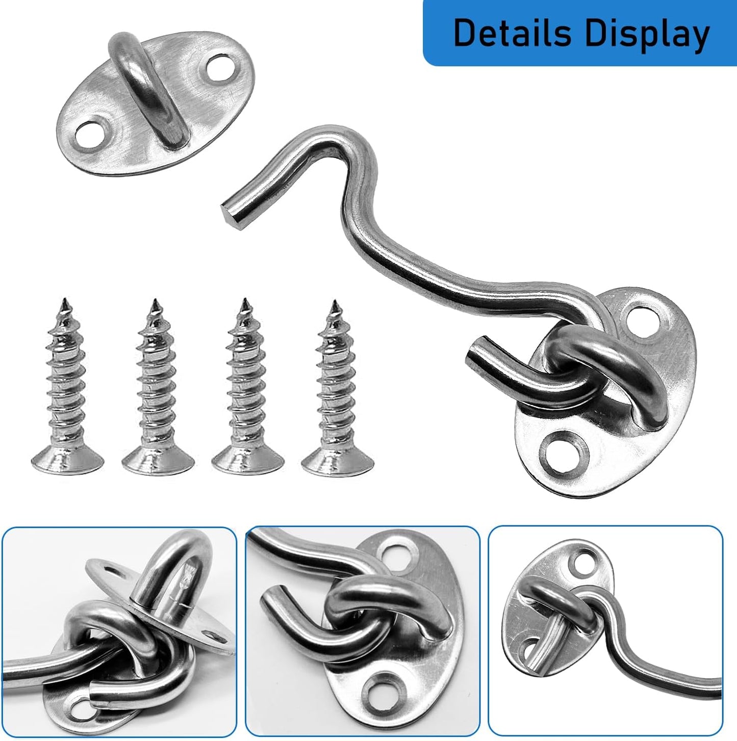 4-Pack 3Inch Door Lock Gate Latch Premium Stainless Steel Hook and Eye Gate Latch Cabin Hook with 16pcs Screws, Silver