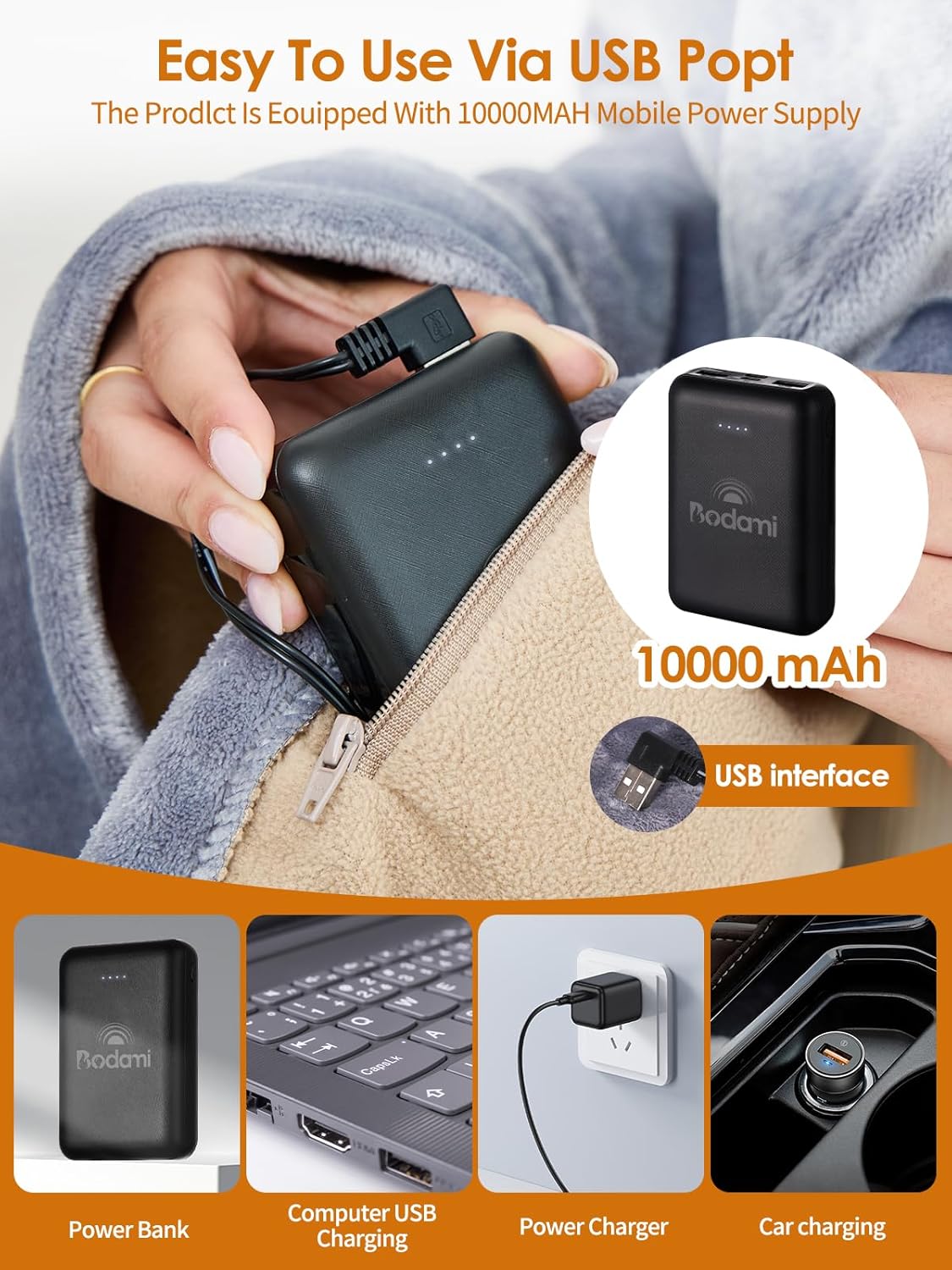 USB Heated Electric Blanket,with 10000mAh Power Bank,Cordless Portable Wearable Heated Throw Blanket,3 Heating Levels,8 Heating Zones,65''*34'' for Home,Travel and Camping