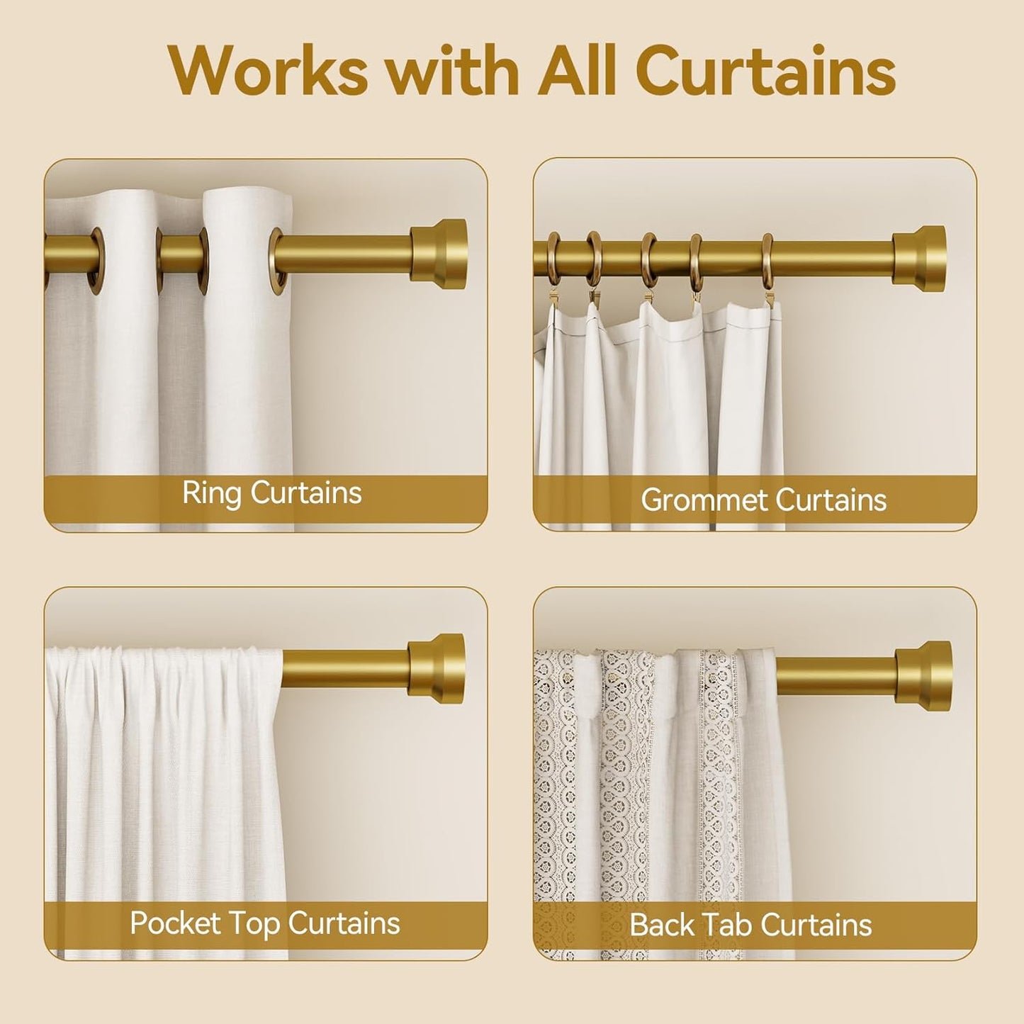 Curtain Rod 32-84 Inch, Heavy Duty 1 Inch Adjustable Curtain Rods for Windows, Gold Long Window Treatment Rods, Modern Design, Easy Installation