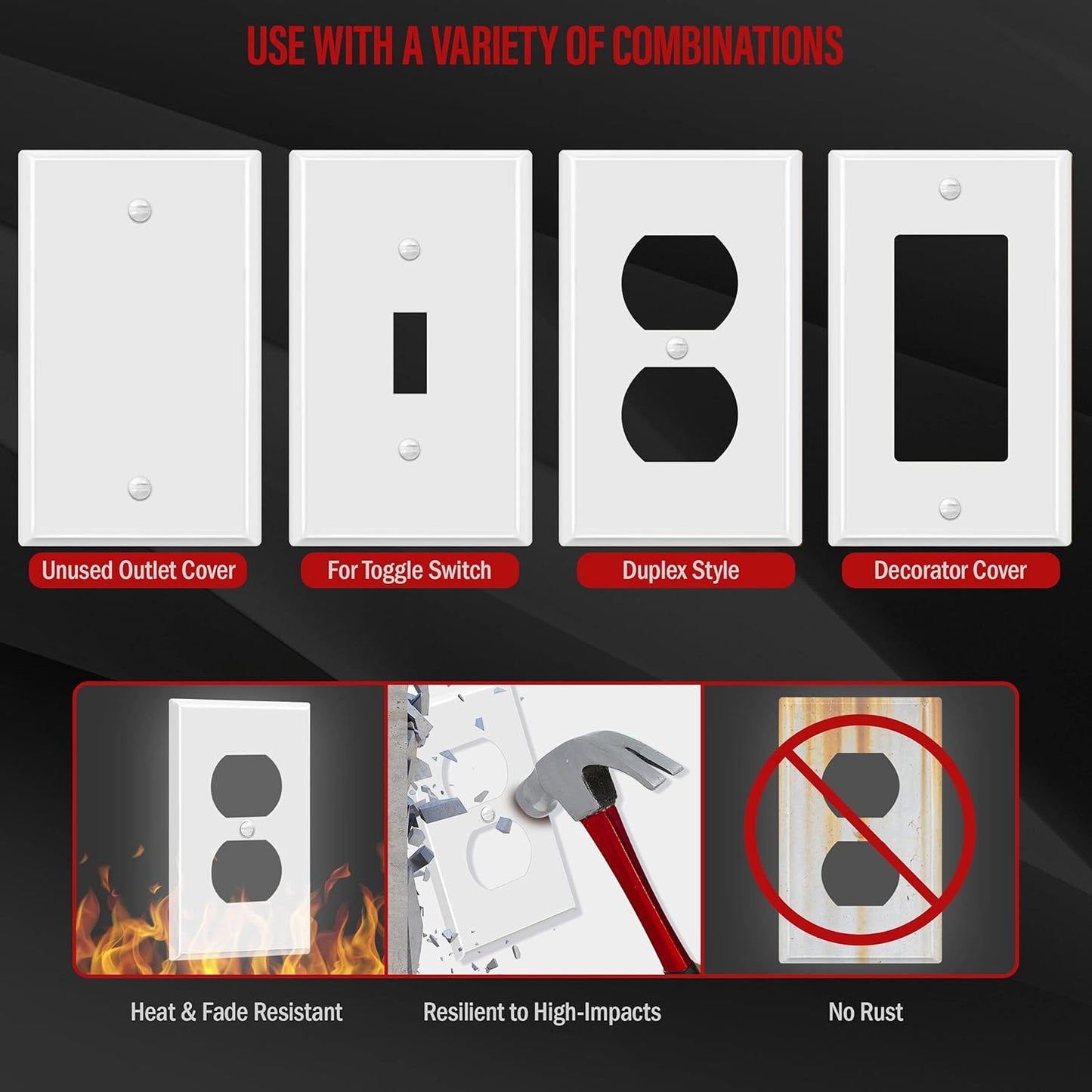 ENERLITES Duplex Receptacle Metal Wall Plate, Outlet Cover, Corrosion Resistant, Standard Size 1-Gang 4.50" x 2.76", Powder Coated Stamped Steel, 7721-WG, White Gloss