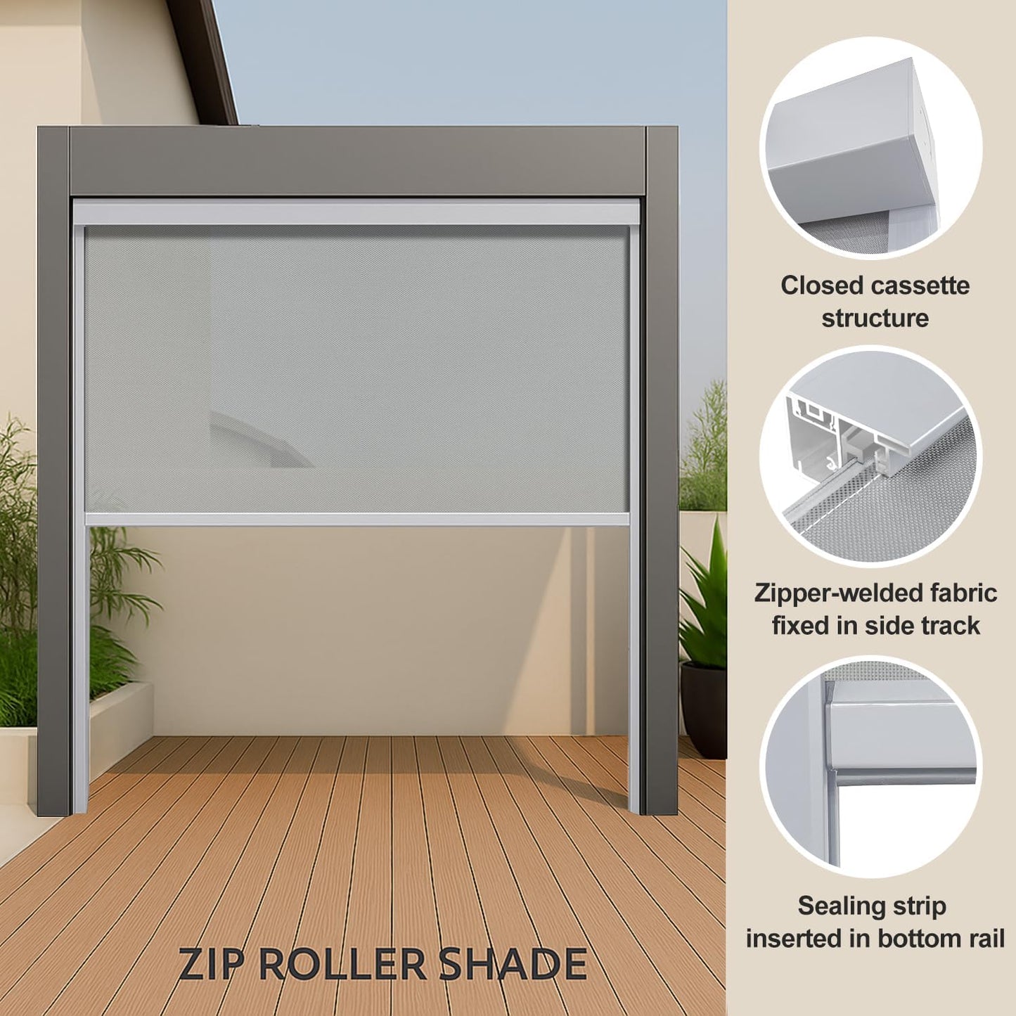 ZSHINE Hard-Wired Outdoor Snow Blocking Weatherproof Motorized Patio Roller Shades Remote Control for Porch Balcony Customized Size (White 5% Openness)