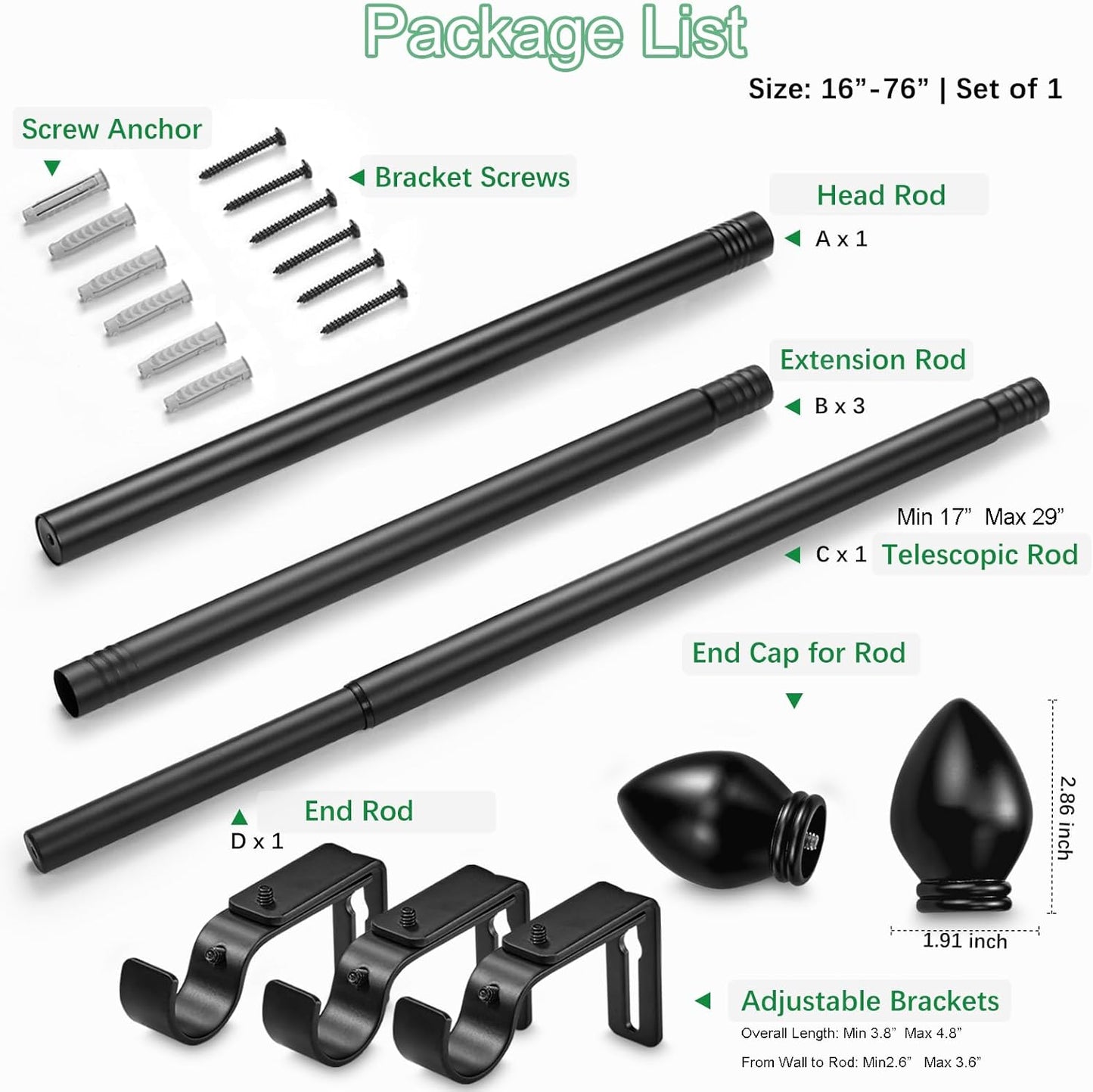 Curtain Rods for Windows 16 to 76 inches, Curtain Rod Max Adjustable Length to 88 in, Drapery Rod 1 inch Diameter with Modern Knobs Finials (Black, 16" to 76" - Set of 1)