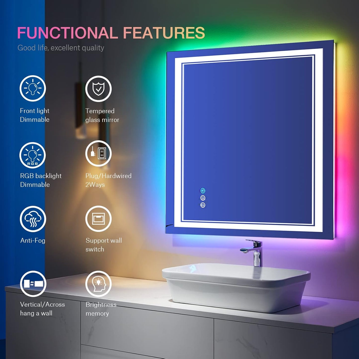 38x38 Inch RGB LED Bathroom Mirror with Lights, Color Changing RGB Backlit LED Mirror for Bathroom,Lighted Vanity Mirrors for Bathroom Wall, Dimmable, Anti-Fog (RGB Backlit+Front-Lit)