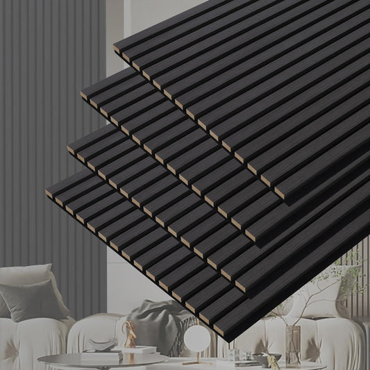 3D Slat Acoustic Wall Panels with Wood Finish Accent, 4 Pack Sound Absorbing Paneling for Studio, Office, Living Room, Bedroom Interior Decor (Matte Black, 48''L x 24''W)