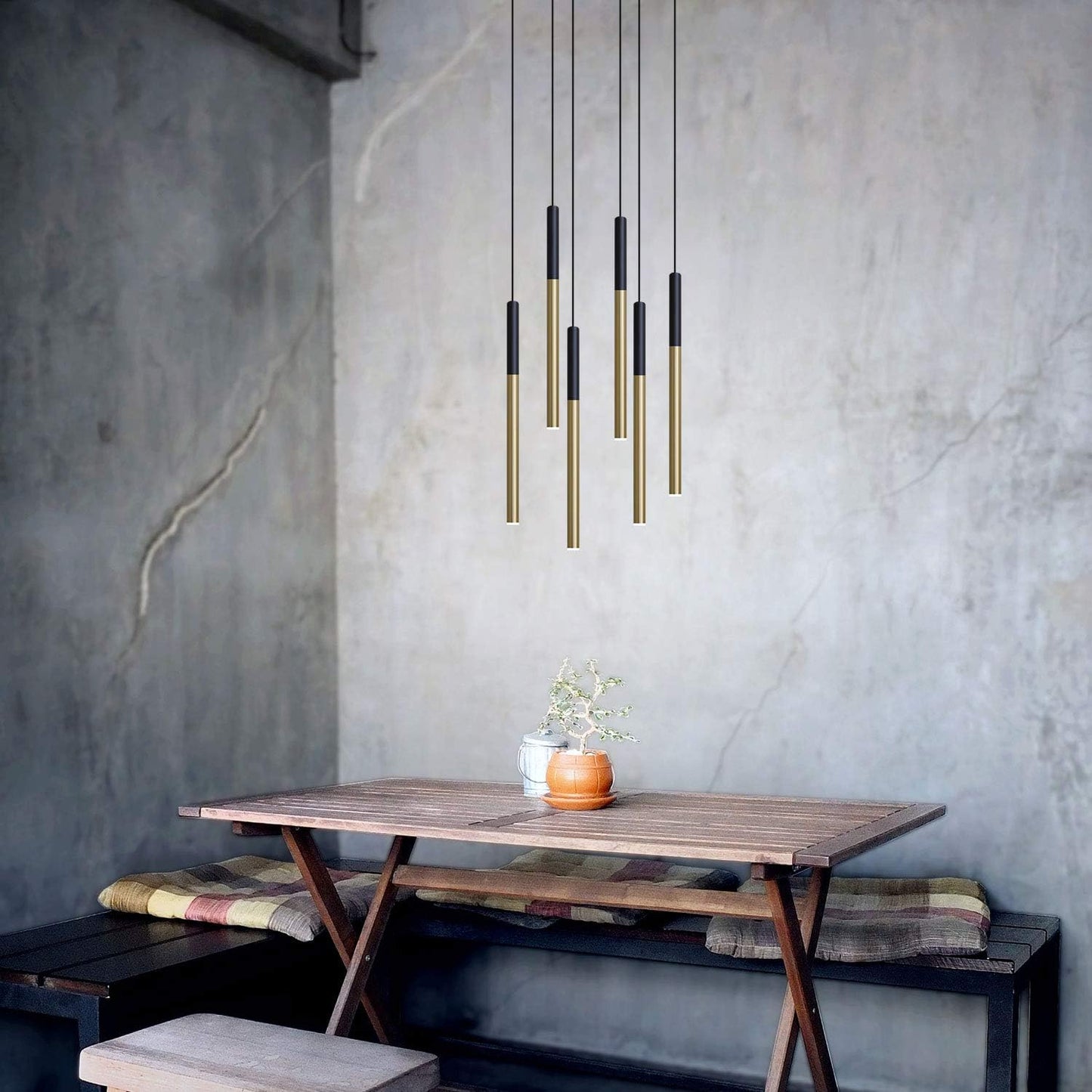 ALTAIR 6 Mini Pendant Lighting Black-Brass - LED Hanging Light Fixture for Kitchen Island, Bar, Foyer - Cluster Pendants - Dimmable, Adjustable Wire, Lamp Bulb Included