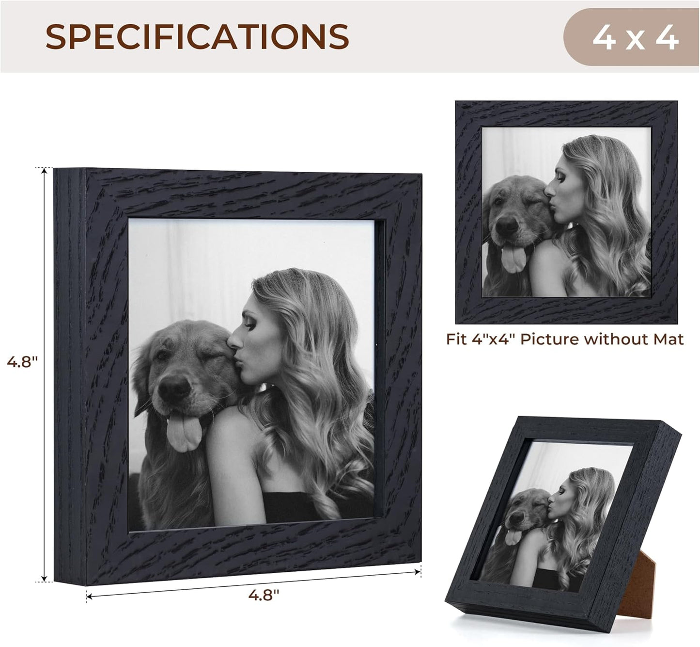 4x4 Picture Frame, Solid White Oak Wood Frame 4 by 4, 4 x 4 Square Photo Frame with Tempered Real Glass, Rustic Wooden Frame 4"x4" for Wall & Tabletop Display, Black Color, Set of 2