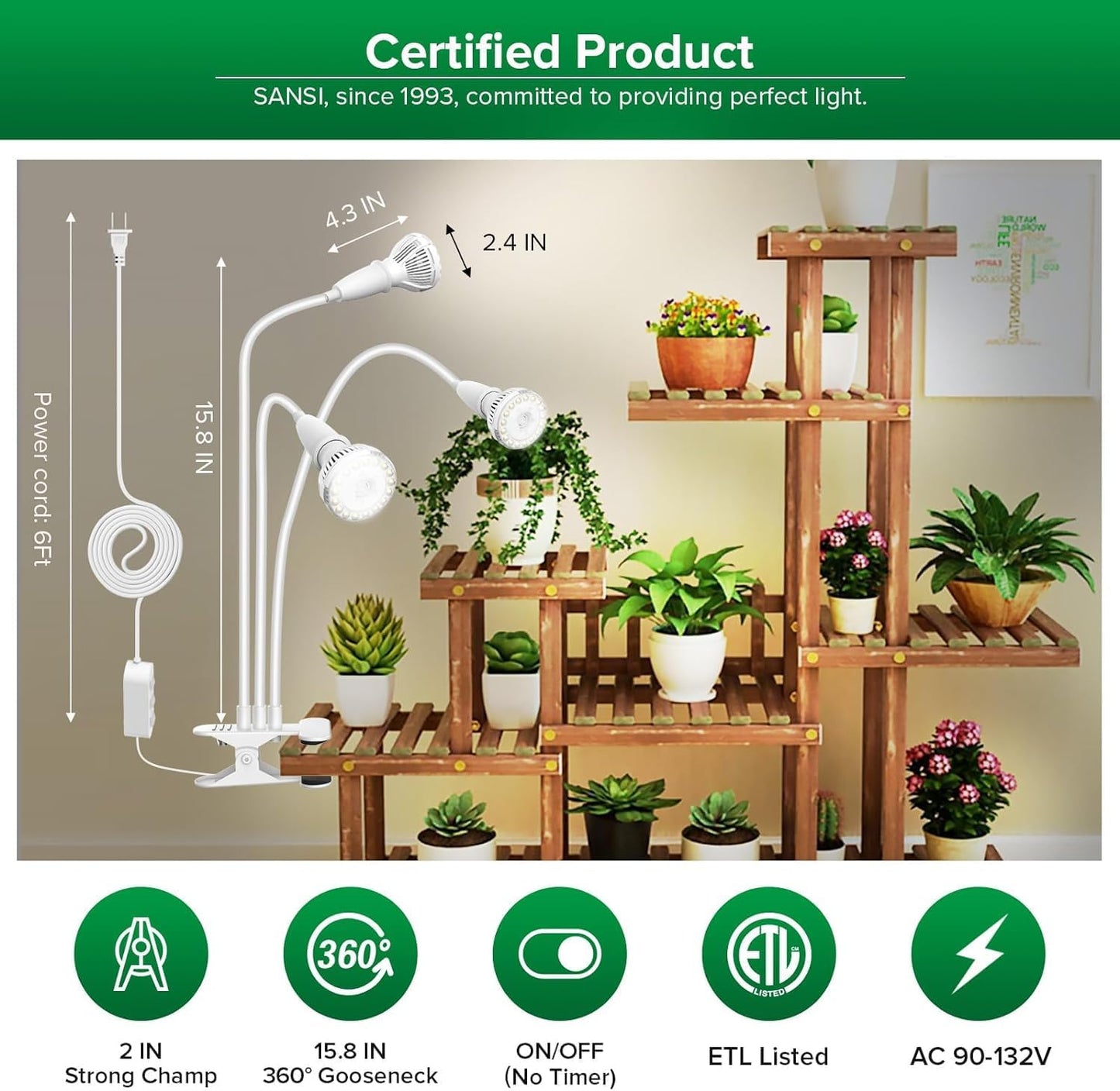 SANSI LED Grow Lights for Indoor Plants, 450W Full Spectrum Clip-on Gooseneck Grow Light with Ceramic Tech.,30W Plant Light with Optical Lens, Lifetime Free Bulbs Replacement White, No Timer