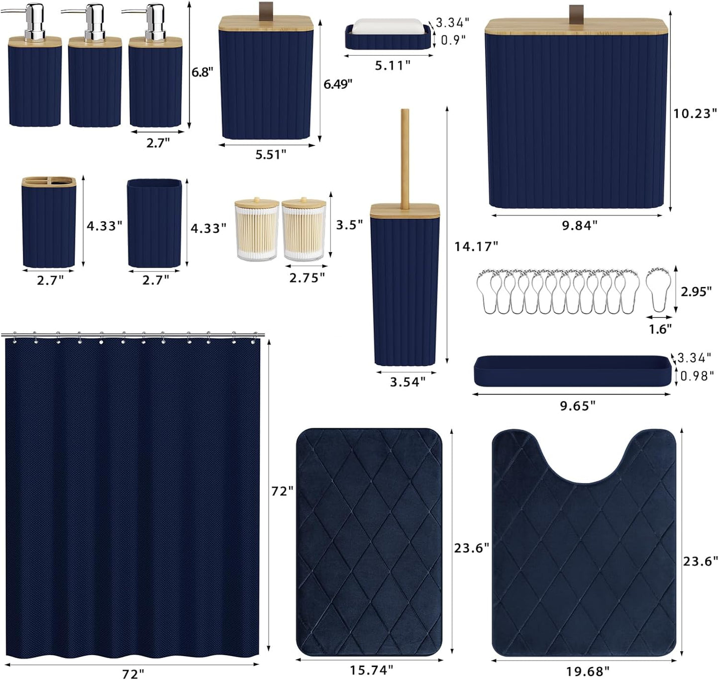 Bathroom Accessory Set - Navy Blue Bathroom Set, 27PC Bathroom Accessories Set, Bathroom Sets with Shower Curtain and Rugs, Mini Trash Can, Toilet Brush, Trash Can & Soap Dispenser