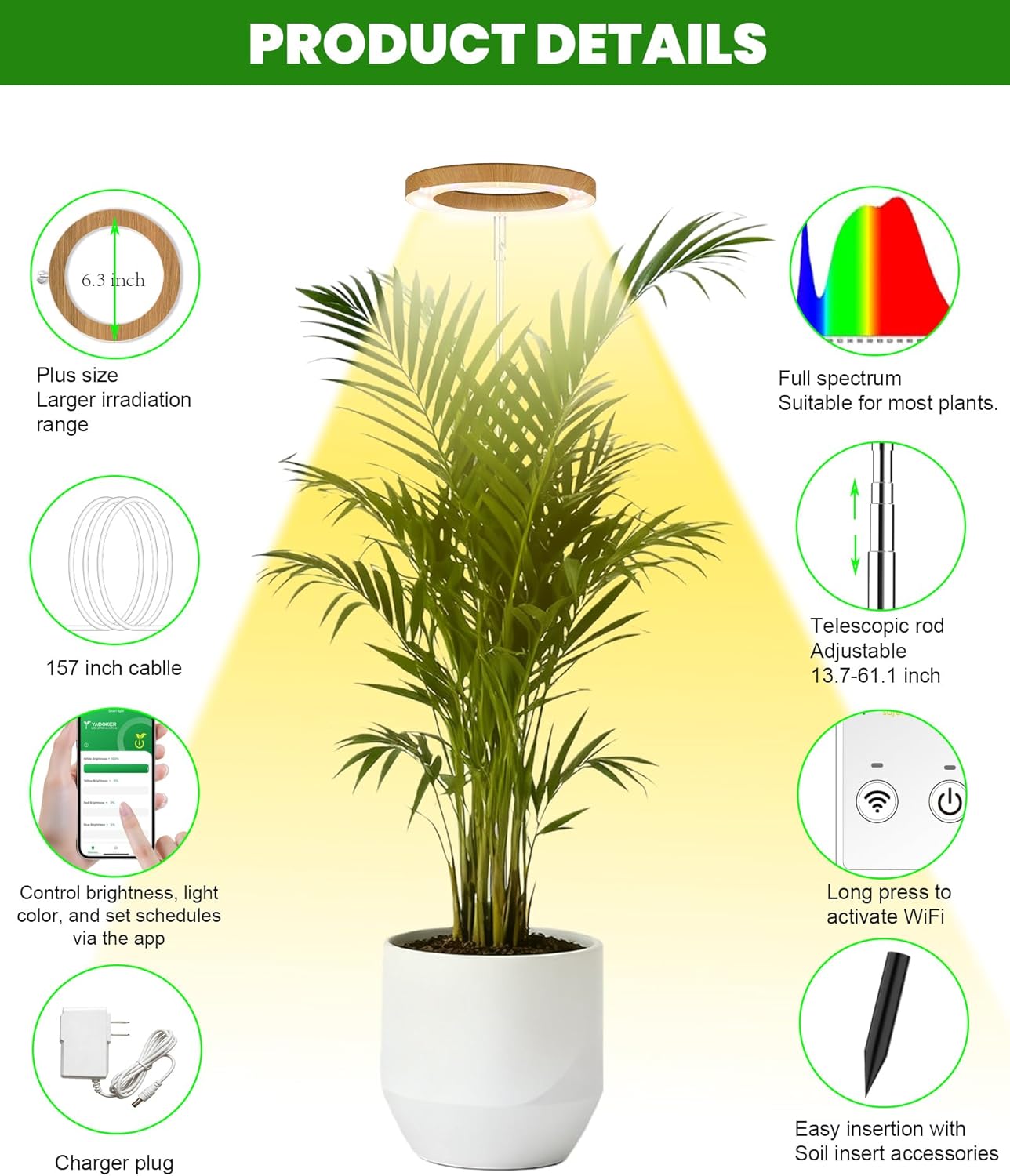 yadoker Plant Grow Light, Smart Plant Light Works with Alexa,Google for Indoor Plants,Height Adjustable,Customized Light Brightnesss,Multiple Timers