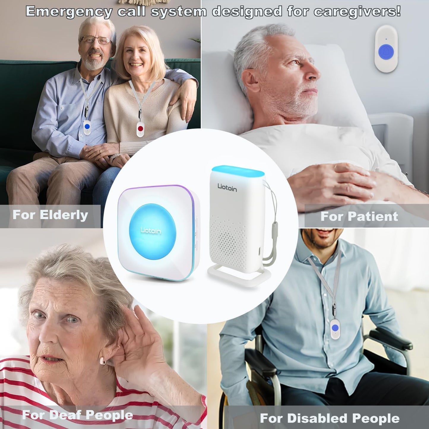 Caregiver Pager Wireless Alert System - Portable Bell for Home/Elderly/Patients/Seniors - 4 Waterproof Buttons, 1 Portable Receiver, 1 Plugin Receiver