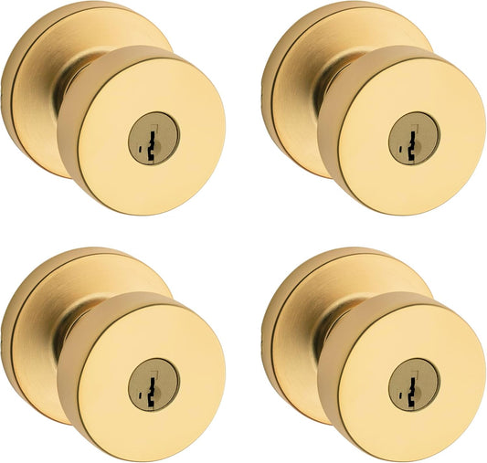 Kwikset Pismo Entry Door Knob with Lock and Key, Secure Keyed Handle Exterior, Front Entrance and Bedroom, Satin Brass, 4 Pack, Pick Resistant SmartKey Rekey Security