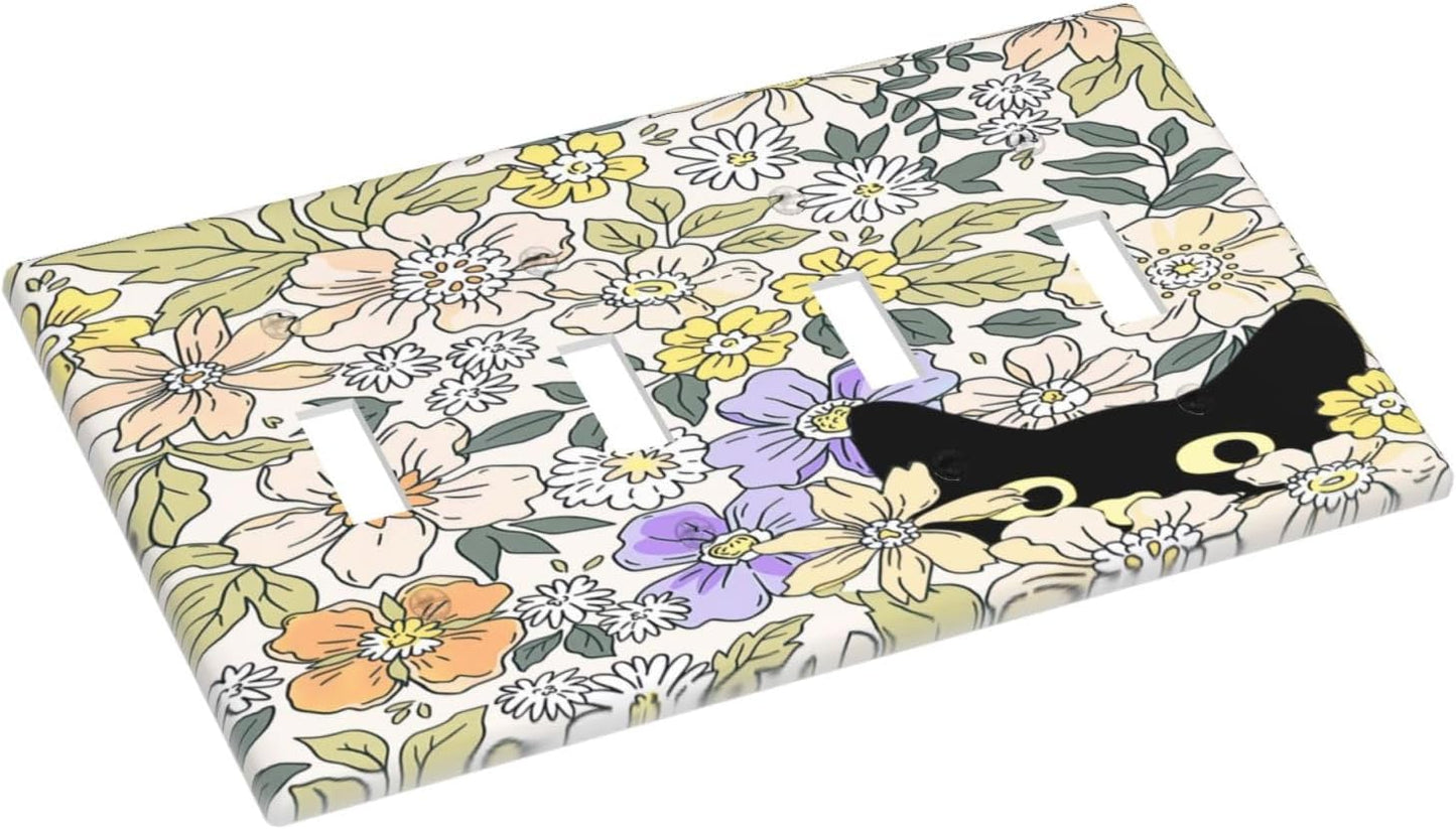 Decorative Light Switch Plate Covers Cute Black Cat in a Flower Patch Botanical Garden 4 Gang Artistic Wall Plate Unique Quad Toggle Light Switch Covers for Bedroom Home Decor