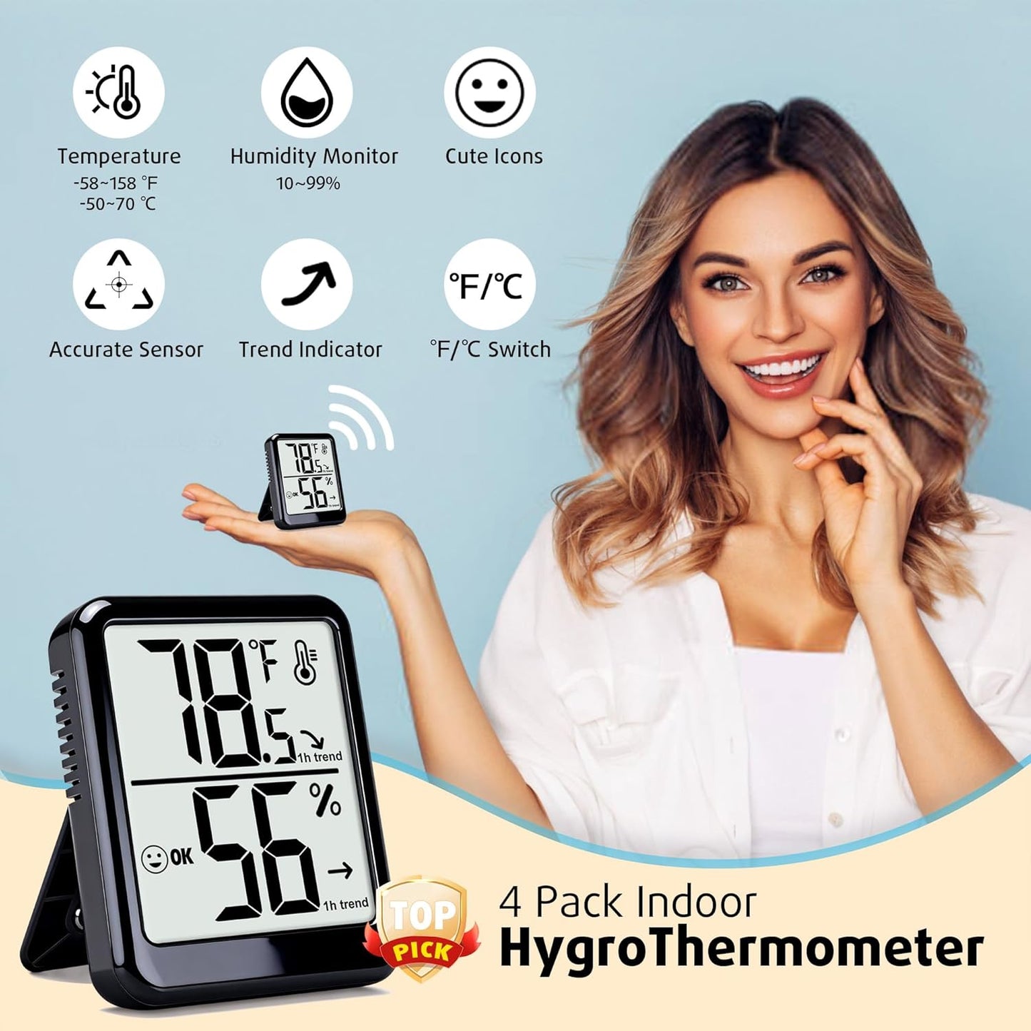 4-Pack Room Thermometer Indoor Hygrometer, Small Digital Temperature and Humidity Monitor Sensor, Temperature Humidity Gauge Meter for Home Baby Room, Plants, Pets - AAA Battery Included