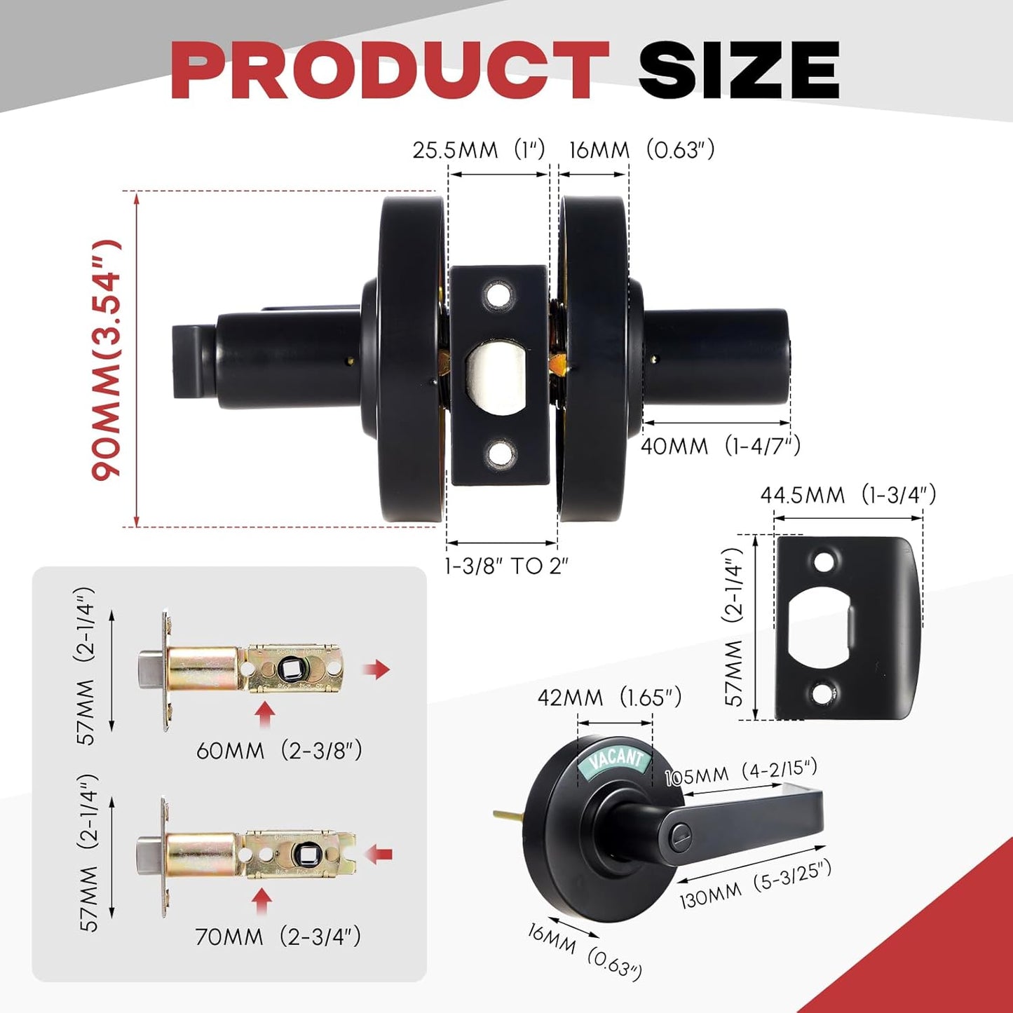Tandefio 2 Set Vacant Occupied Bathroom Lock, Commercial Door Handle with in-use or Vacancy Occupied Deadbolt, Privacy Indicator Restroom Handle Lock for Restrooms, Satin Chrome (90 mm,Black)