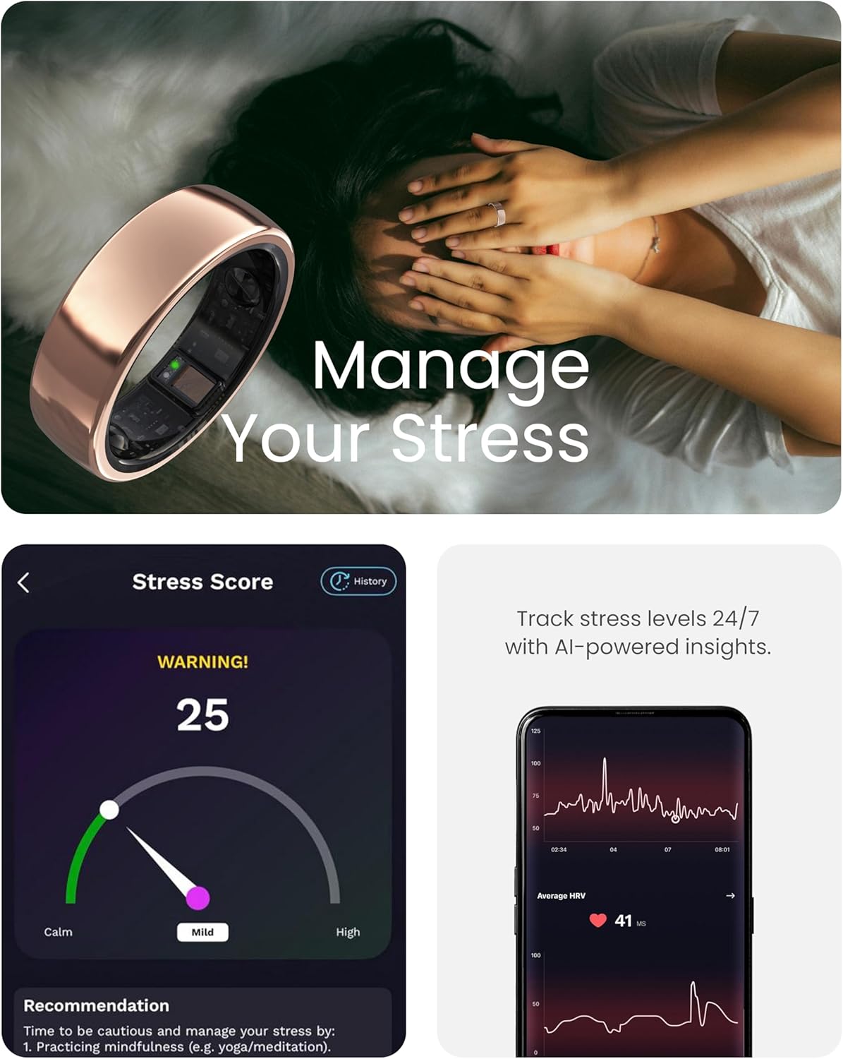 aaboRing Smart Ring, Men, Women, Track Heart Rate, Fitness, Activity, Sleep Stress Monitoring, Step Count, Up to 7 Days of Battery Life, Titanium, No App Subscription, Silver 7