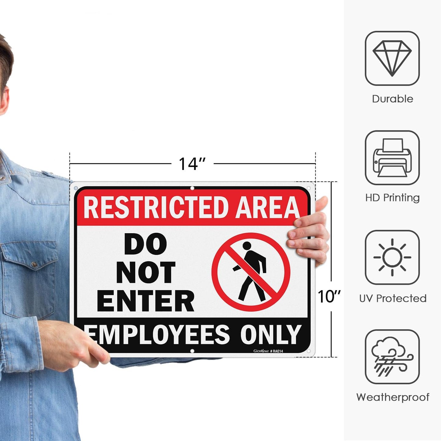 GicnKeuz Large Restricted Area Sign, 14x10 Inches Do Not Enter - Employees Only Signs, Rust Free.40 Reflective Aluminum, Fade Resistant/Waterproof, 6 Pre-drilled Holes (1 Pack)