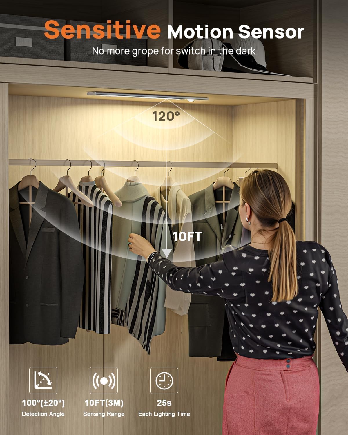 Under Cabinet Lights,80 LED Motion Sensor Light Indoor,4000mAh USB Rechargeable Closet Lights with Remote Control,3 Color Temps Wireless Under Counter Lights for Bedroom,Kitchen,Wardrobe,Stair