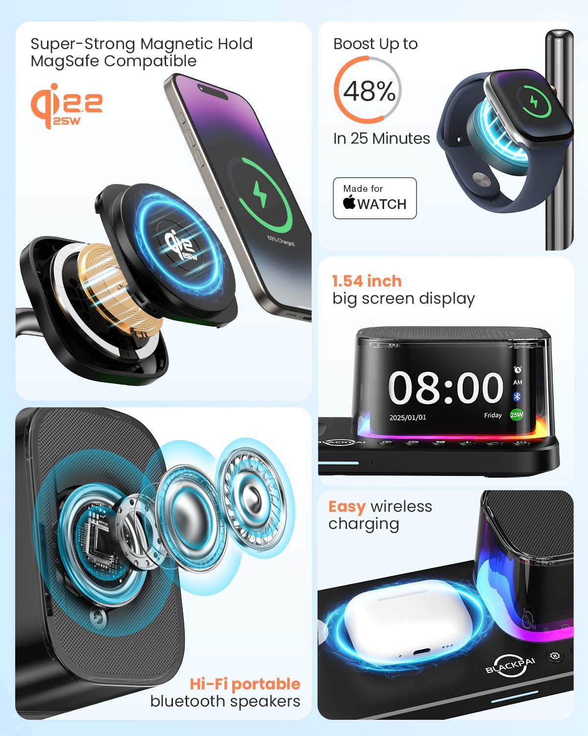 6-in-1 Wireless Charging Station for Multiple Apple Devices with Bluetooth Speakers Alarm Clock Night Light，Qi2.2 Phone Charger Stand for iPhone 17/16/15/14/13/12 Pro Max Apple Watch Airpods