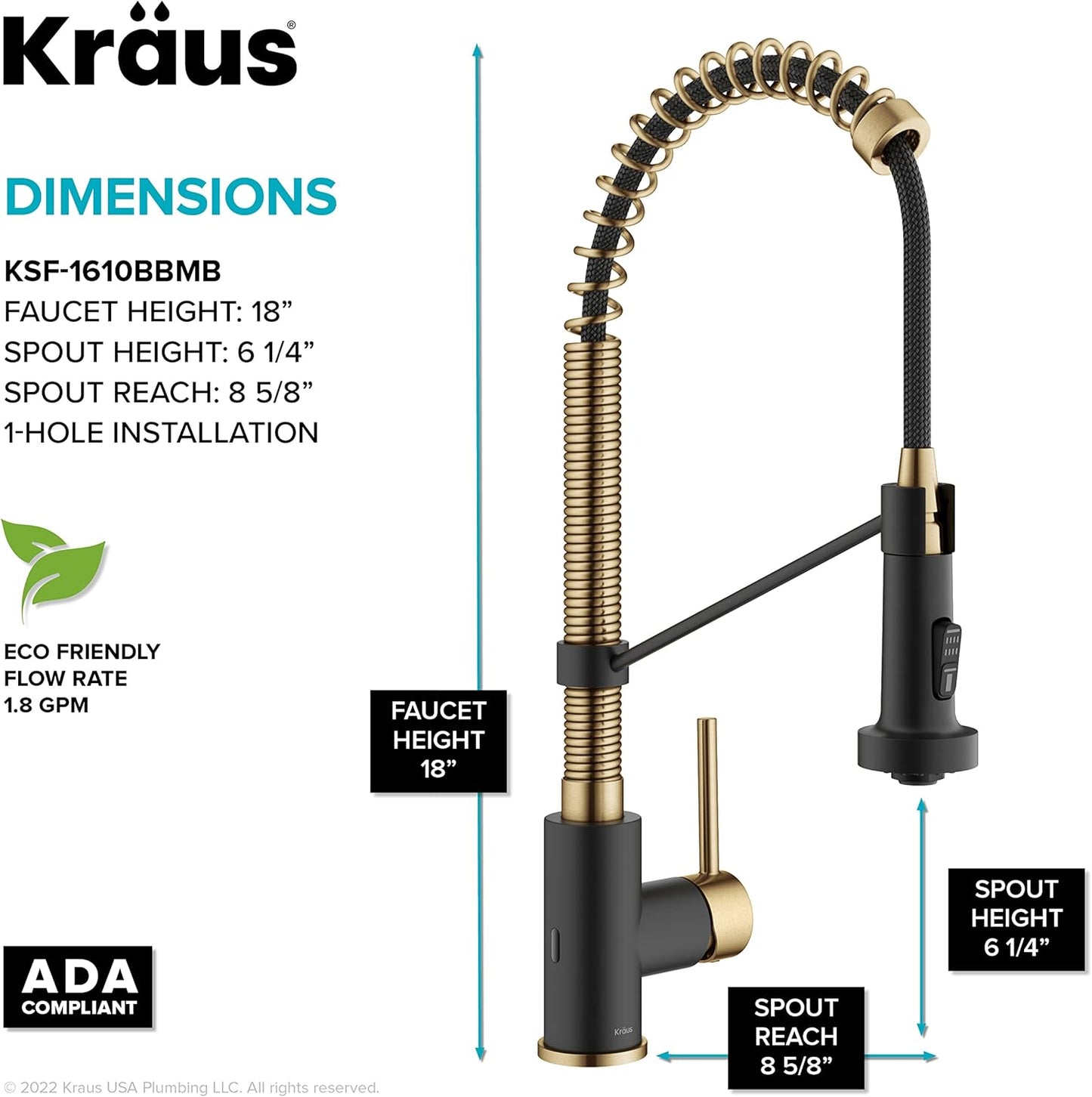 KRAUS Bolden Touchless Sensor Commercial Style 2-Function Single Handle Pull Down Kitchen Faucet in Brushed Brass/Matte Black, KSF-1610BBMB