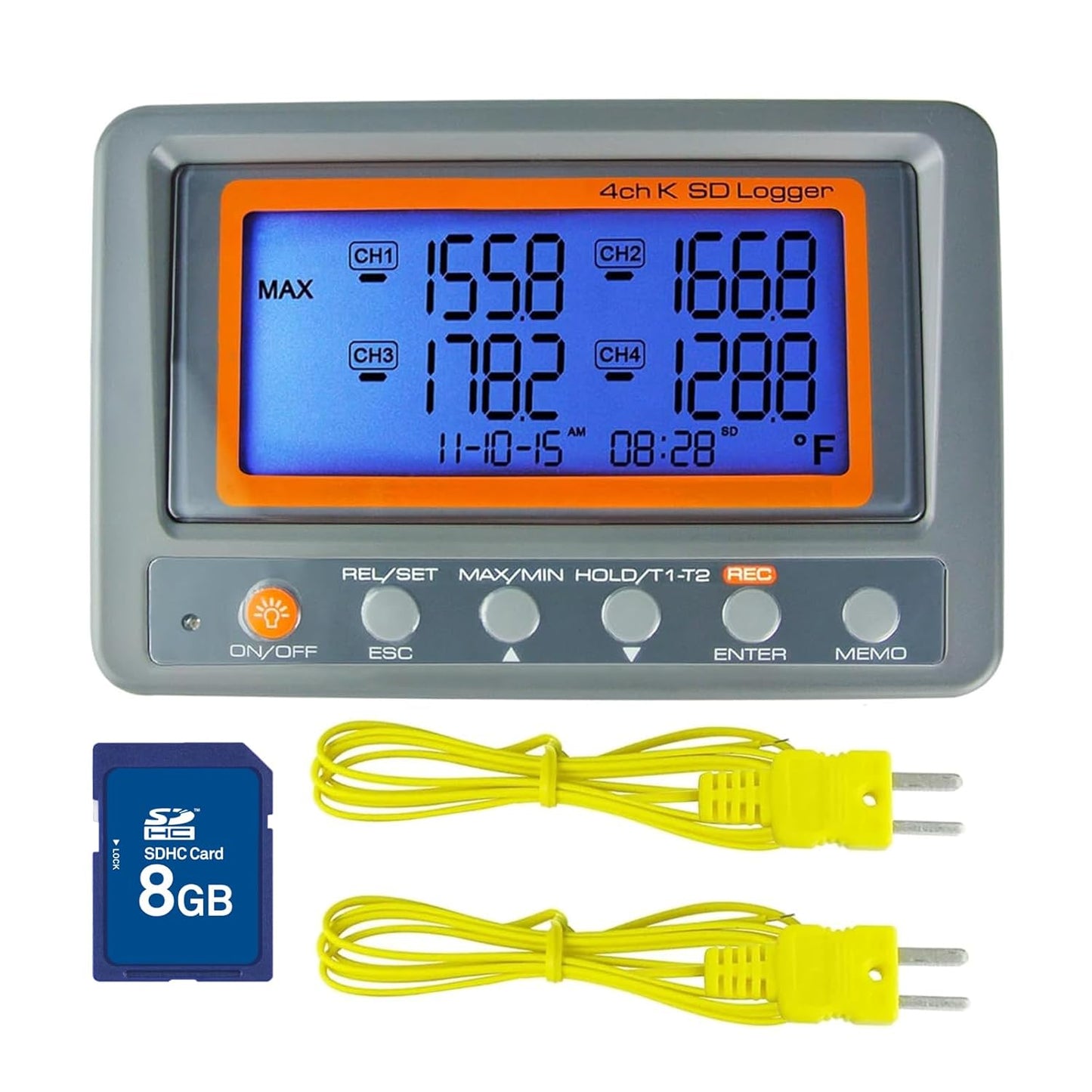 Digital 4 Channel K Type Thermocouple Thermometer Recorder with 8G SD Card Programmable Temperature Data Logger with Alarm Function Thermocouple Reader K Type Thermometer with 2 Thermocouples Probe
