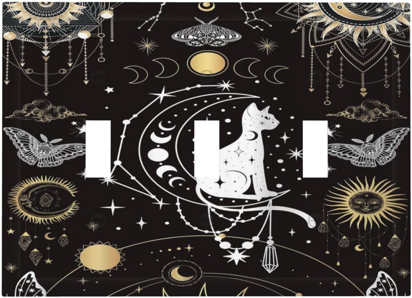 White Cat Tarot Moon Phases Moth Celestial Gothic Decorative Switch Plates 3 Gang Wall Plate Triple Toggle Light Switch Cover Faceplate Electrical Wall Panels for Kids Room Bedroom Decor