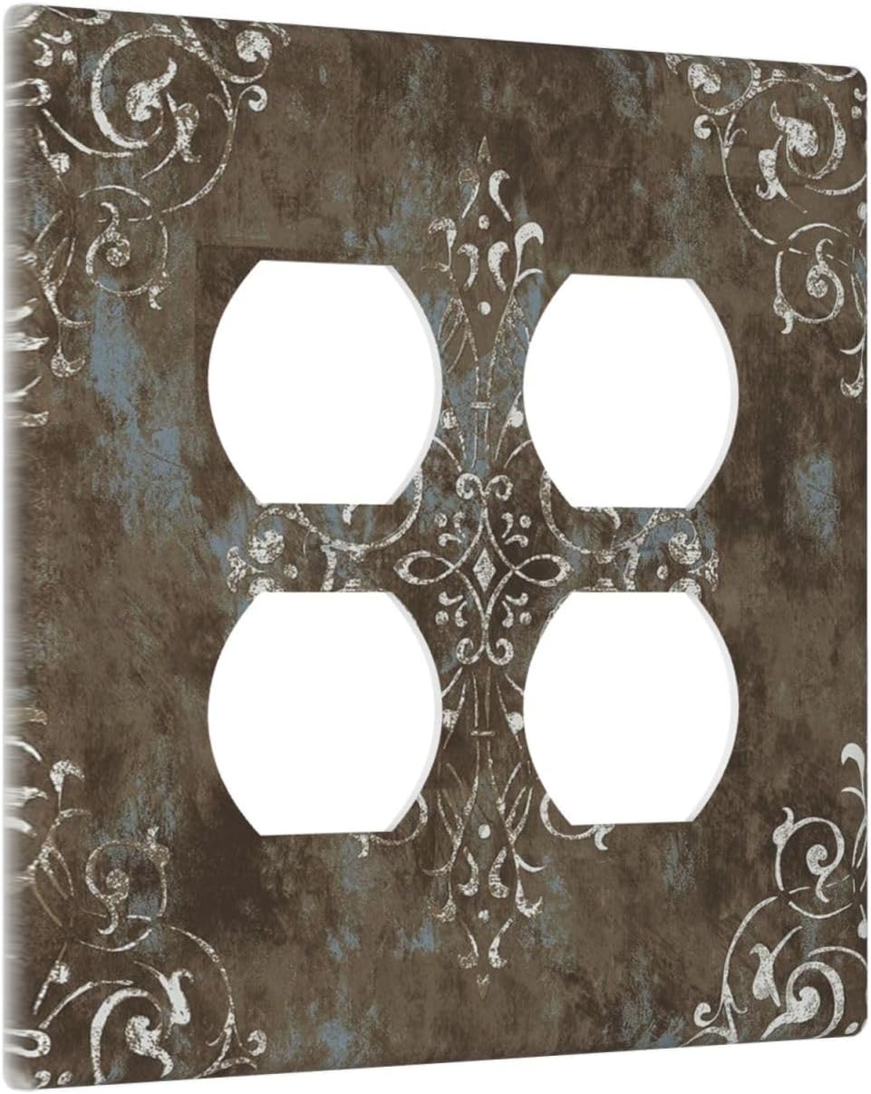 Decorative Outlet Covers Brown Vintage Abstract Floral 2 Gang Wall Plate Cover Double Duplex Receptacle Two Switch Light Switch Cover Plate Jumbo Dual Faceplate for Home Decor