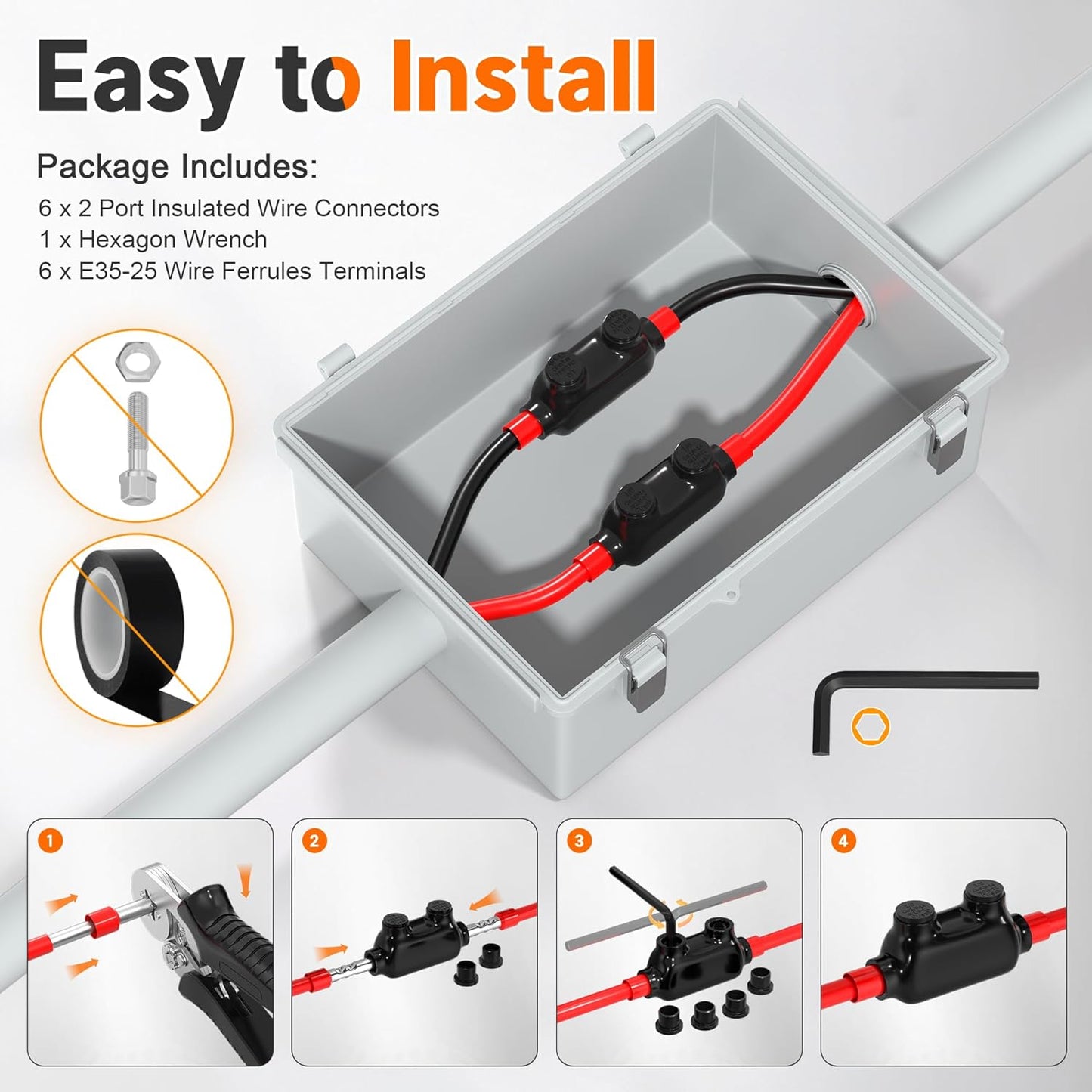 Joinfworld 2 Port Inline Splice Connector 1/0-14AWG Aluminum to Copper Wire Connectors Insulated Wire Connectors UL Listed Wire Cable Connectors with Slotted Allen Hex - 6 Pack