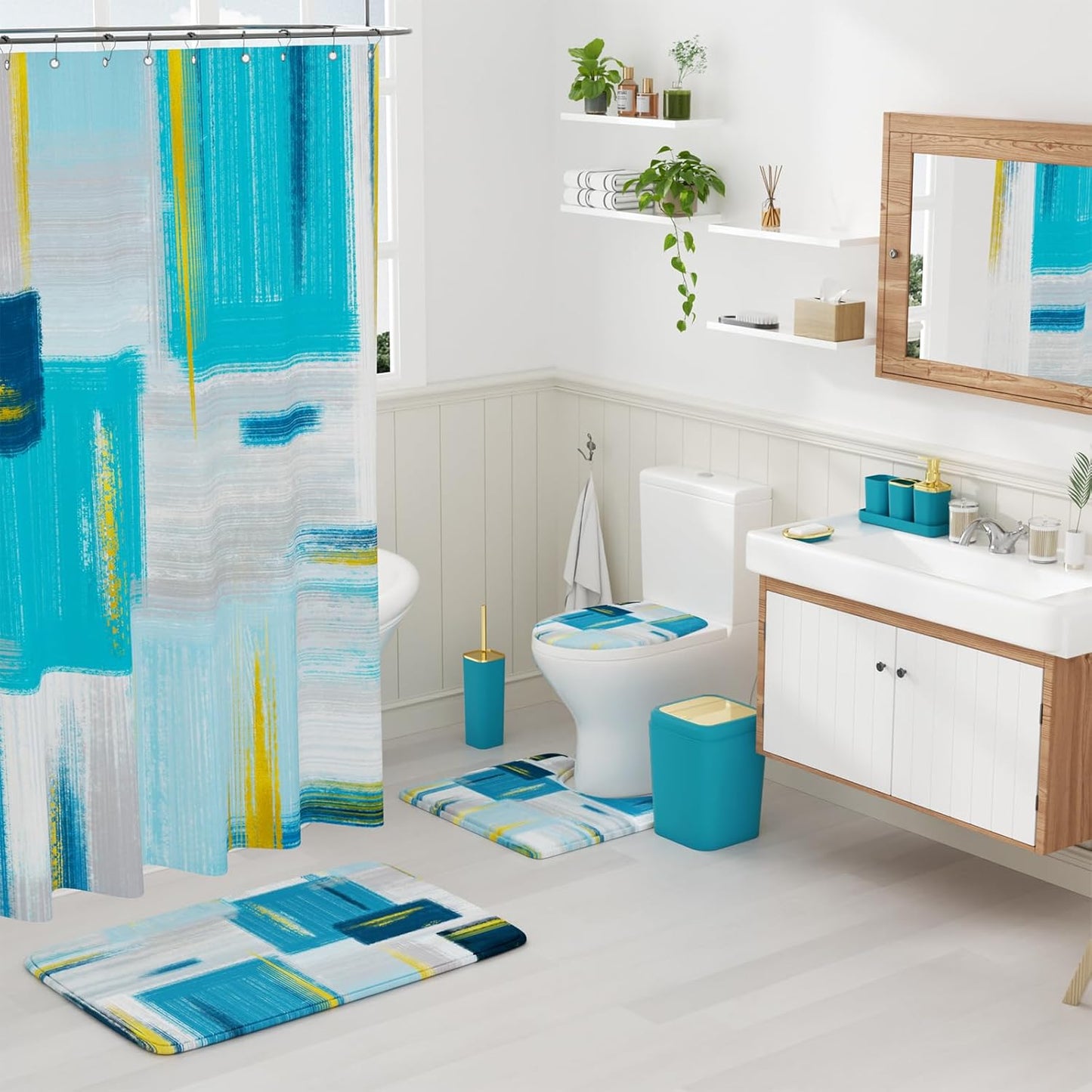 Bathroom Accessories Set - 25PC Bathroom Set with Shower Curtain and Rugs, Teal Blue Bathroom Set, Bathroom Accessory Set with Press-on Lid Trash Can, Soap Dispenser and Qtip Holders