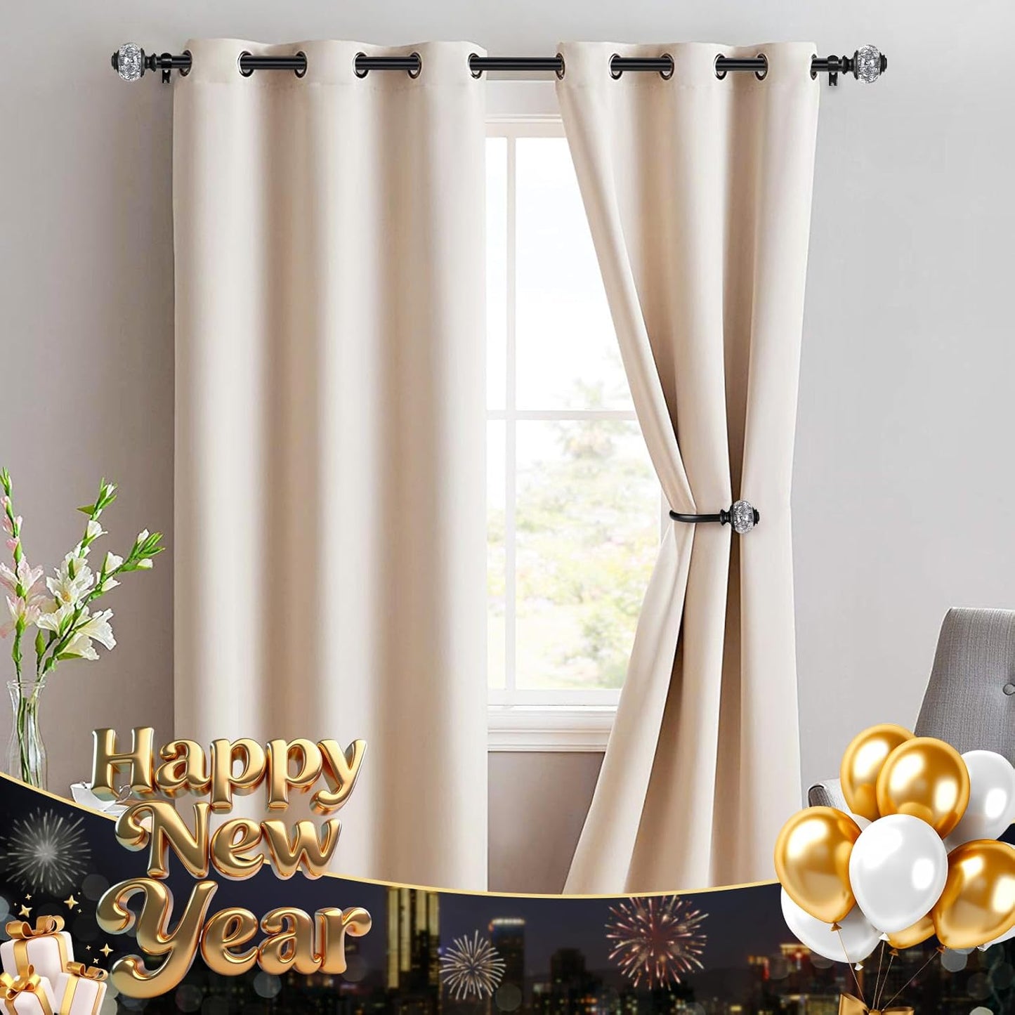 1 Inch Curtain Rods 36 to 72 Inches (3 to 6 ft) Telescoping Single Drapery Rod, USFOOK Black Curtain Rods for Windows 24 to 68 Inches with Translucent Finials
