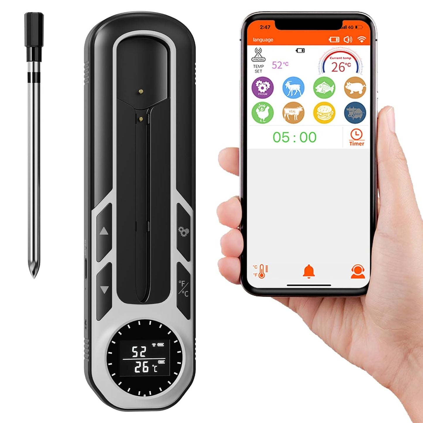 500ft Smart Wireless Meat Thermometer for BBQ, Wireless Thermometer with IP66 Waterproof, Bluetooth Meat Thermometer for Gift, Kitchen, Smoker,Grilling, Oven, Rotisserie | iOS & Android